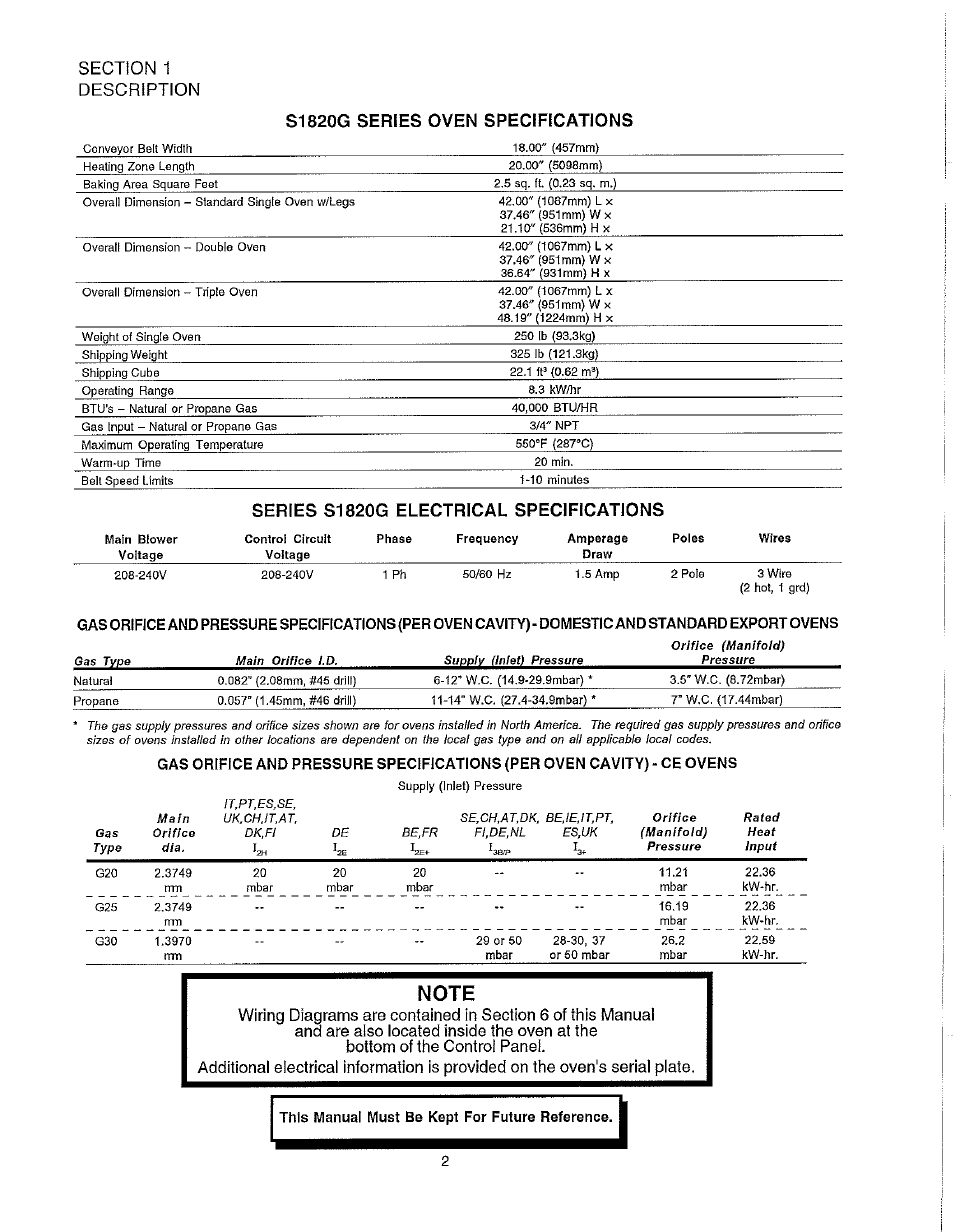 S1820g series oven specifications, This manual must be kept for future reference, Series s1820g electrical specifications | Blodgett S1820G User Manual | Page 8 / 50
