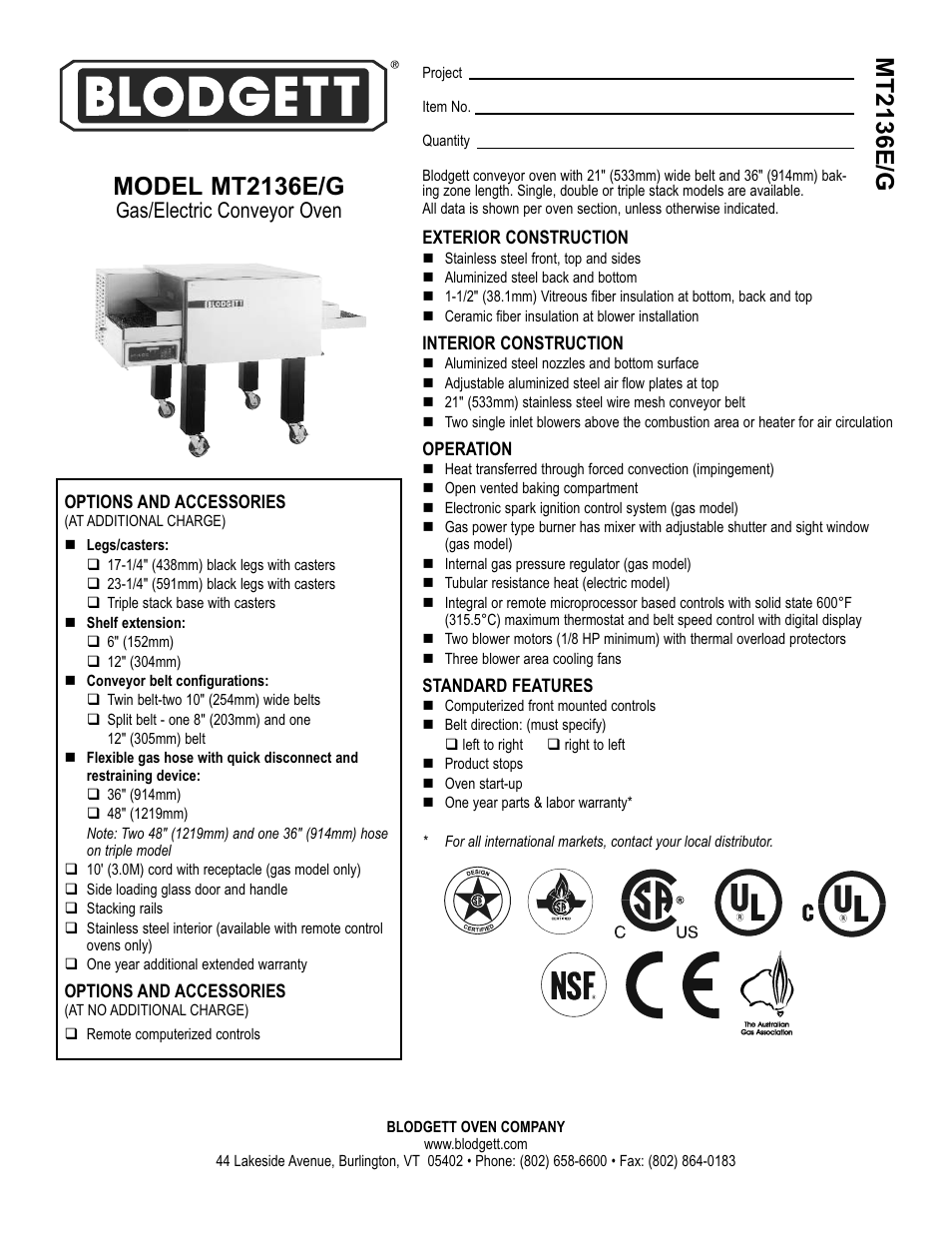 Blodgett MT2136E/G User Manual | 2 pages
