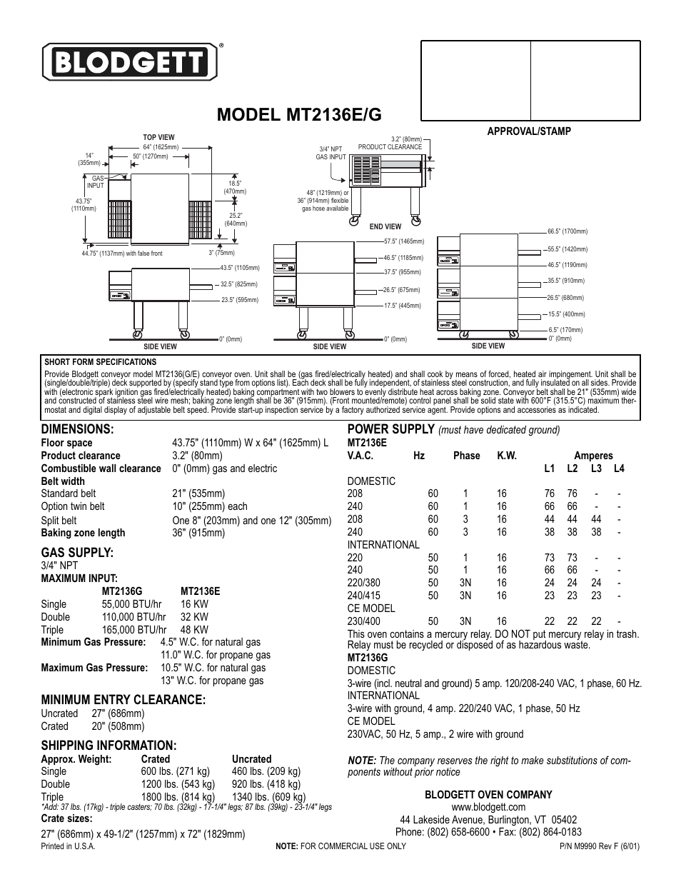 Model mt2136e/g, Dimensions, Gas supply | Minimum entry clearance, Shipping information, Power supply | Blodgett MT2136E/G User Manual | Page 2 / 2