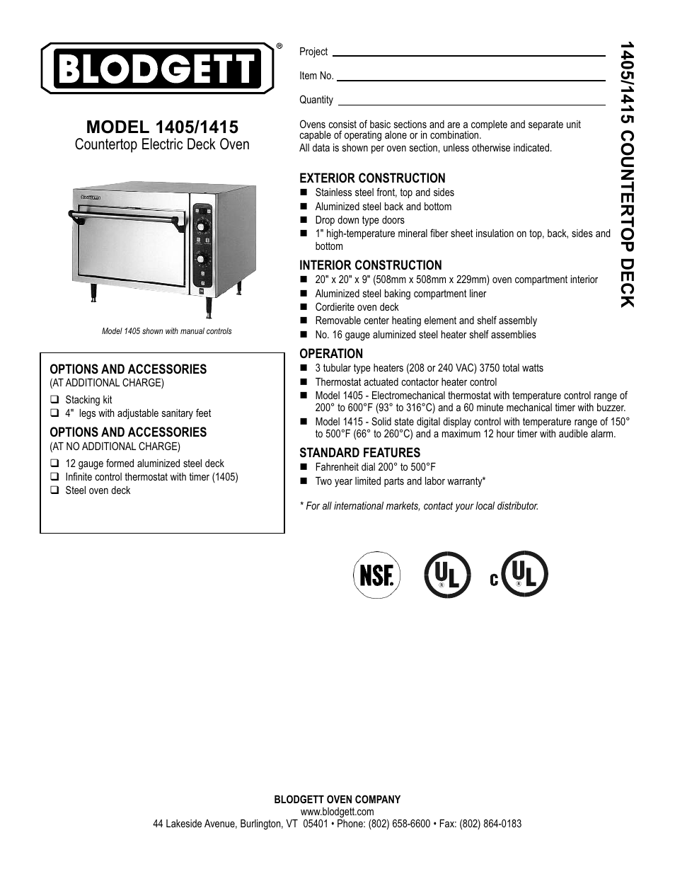 Blodgett 1405 User Manual | 2 pages