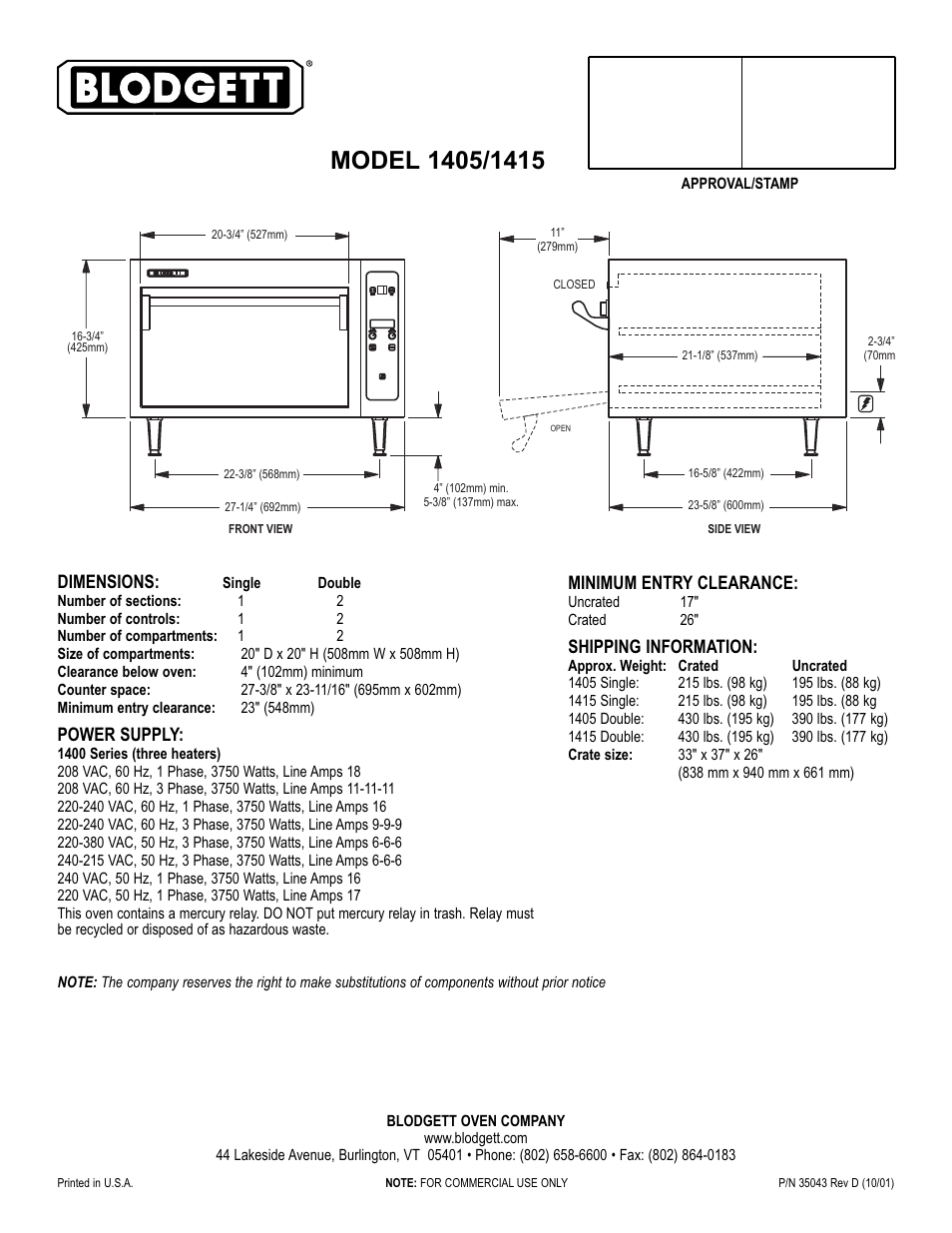 Dimensions, Power supply, Minimum entry clearance | Shipping information | Blodgett 1405 User Manual | Page 2 / 2