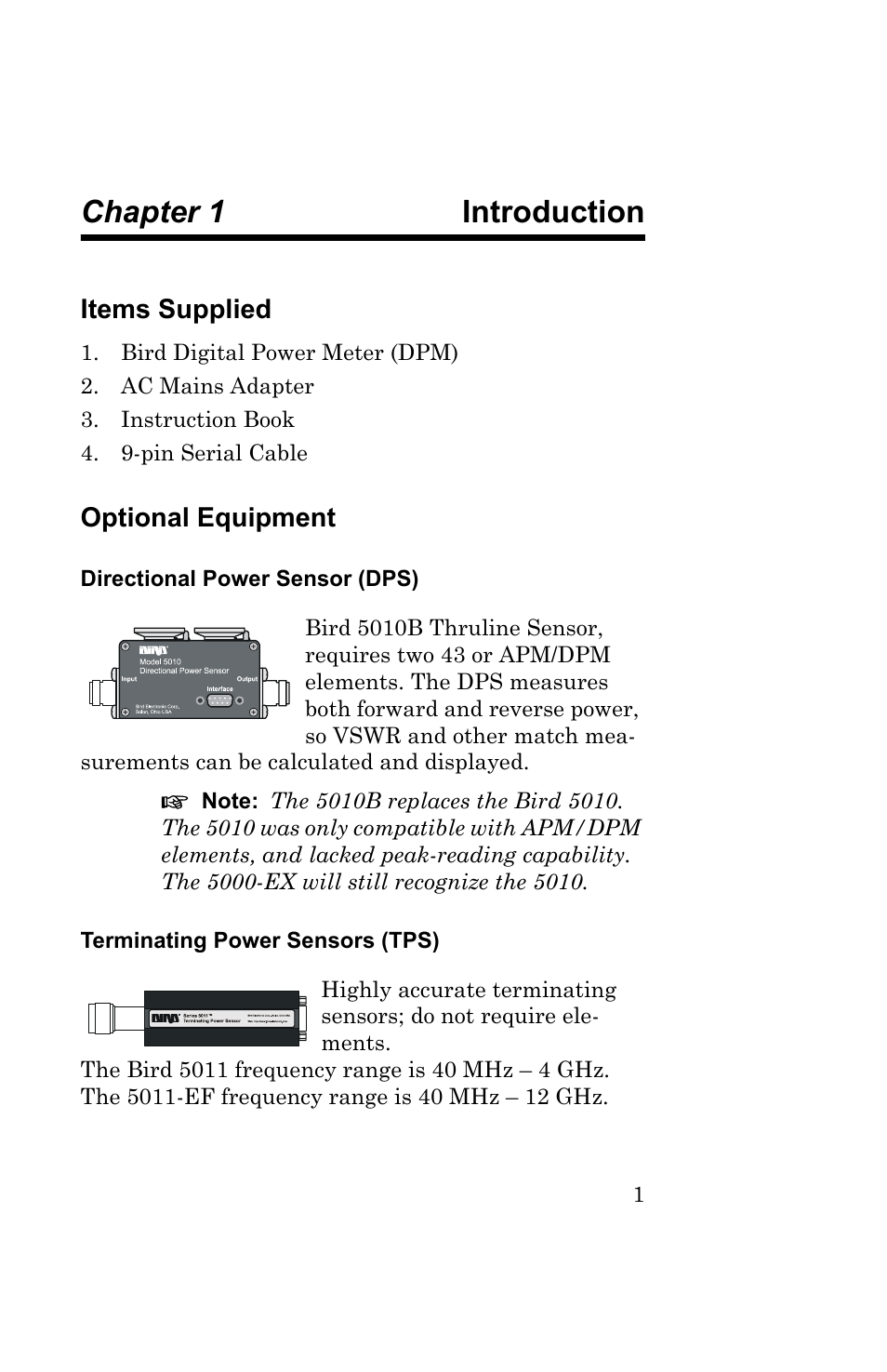 Chapter 1 introduction, Items supplied, Optional equipment | Directional power sensor (dps), Terminating power sensors (tps), Introduction | Bird Technologies 5000-EX User Manual | Page 13 / 48