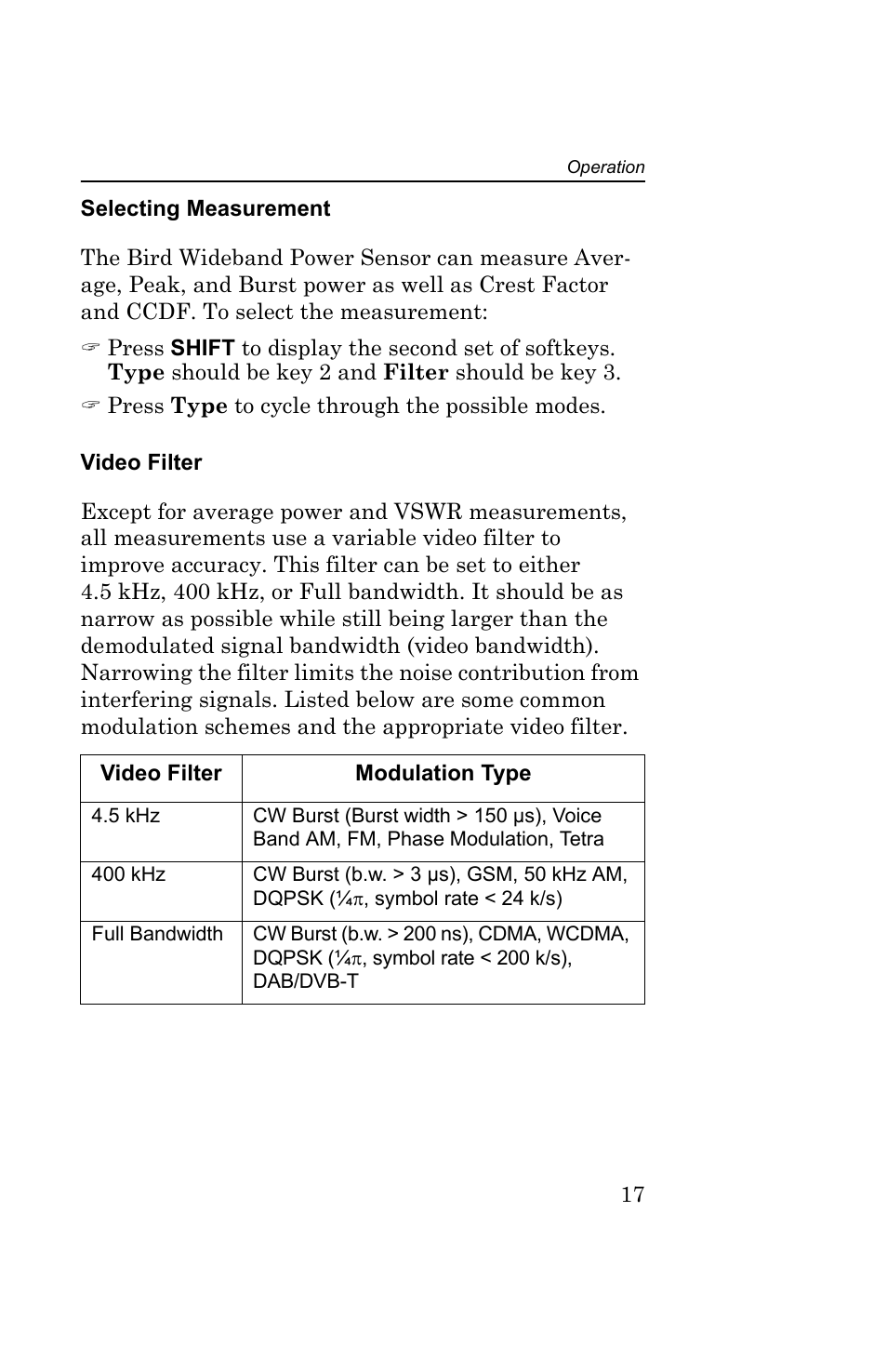 Selecting measurement, Video filter | Bird Technologies 5000-EX User Manual | Page 29 / 48