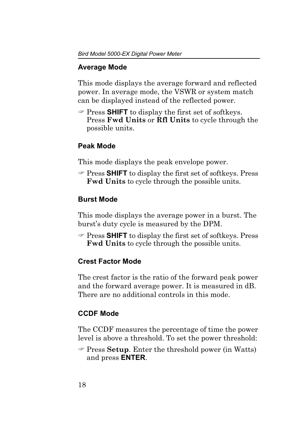 Average mode, Peak mode, Burst mode | Crest factor mode, Ccdf mode | Bird Technologies 5000-EX User Manual | Page 30 / 48