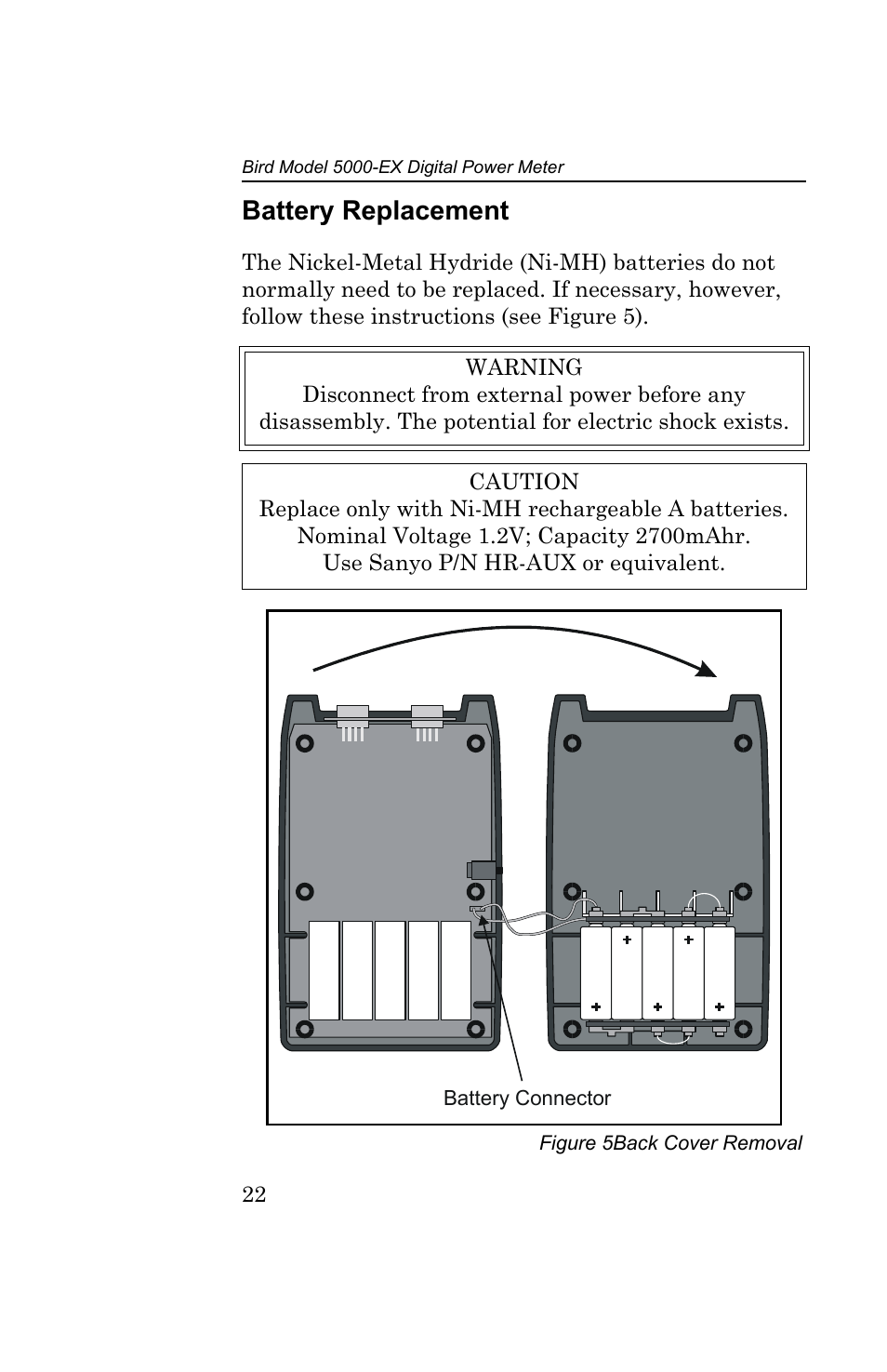 Battery replacement, Figure 5 back cover removal | Bird Technologies 5000-EX User Manual | Page 34 / 48