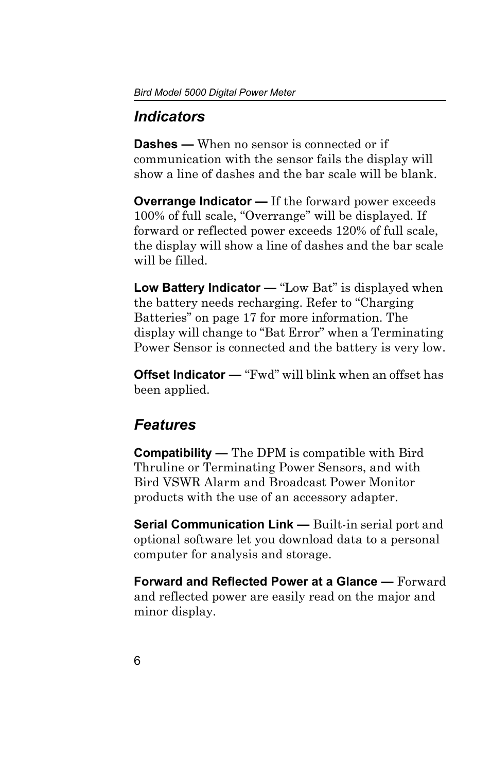 Indicators, Features, Indicators features | Bird Technologies 5000 Series User Manual | Page 20 / 48