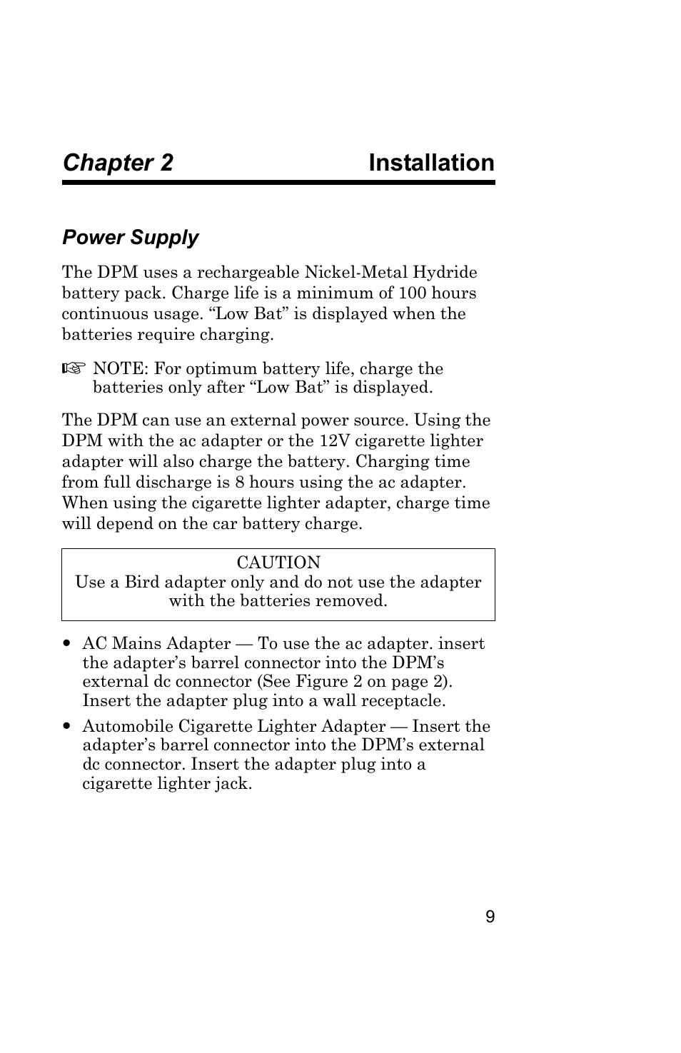 Chapter 2 installation, Power supply, Installation | Bird Technologies 5000 Series User Manual | Page 23 / 48