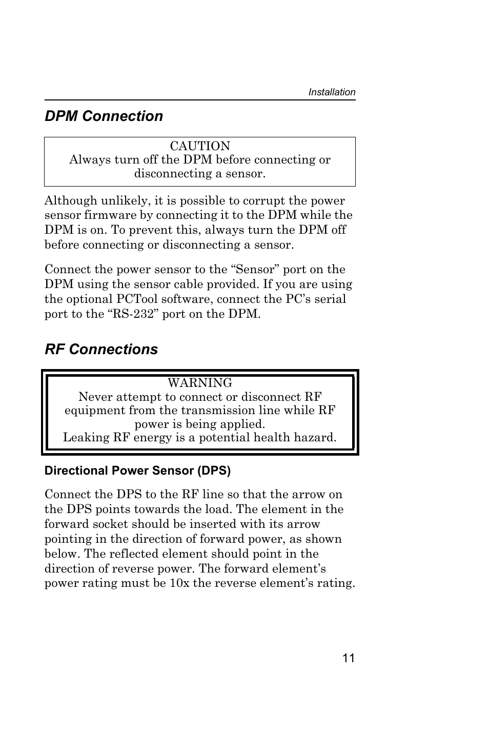 Dpm connection, Rf connections, Directional power sensor (dps) | Dpm connection rf connections | Bird Technologies 5000 Series User Manual | Page 25 / 48