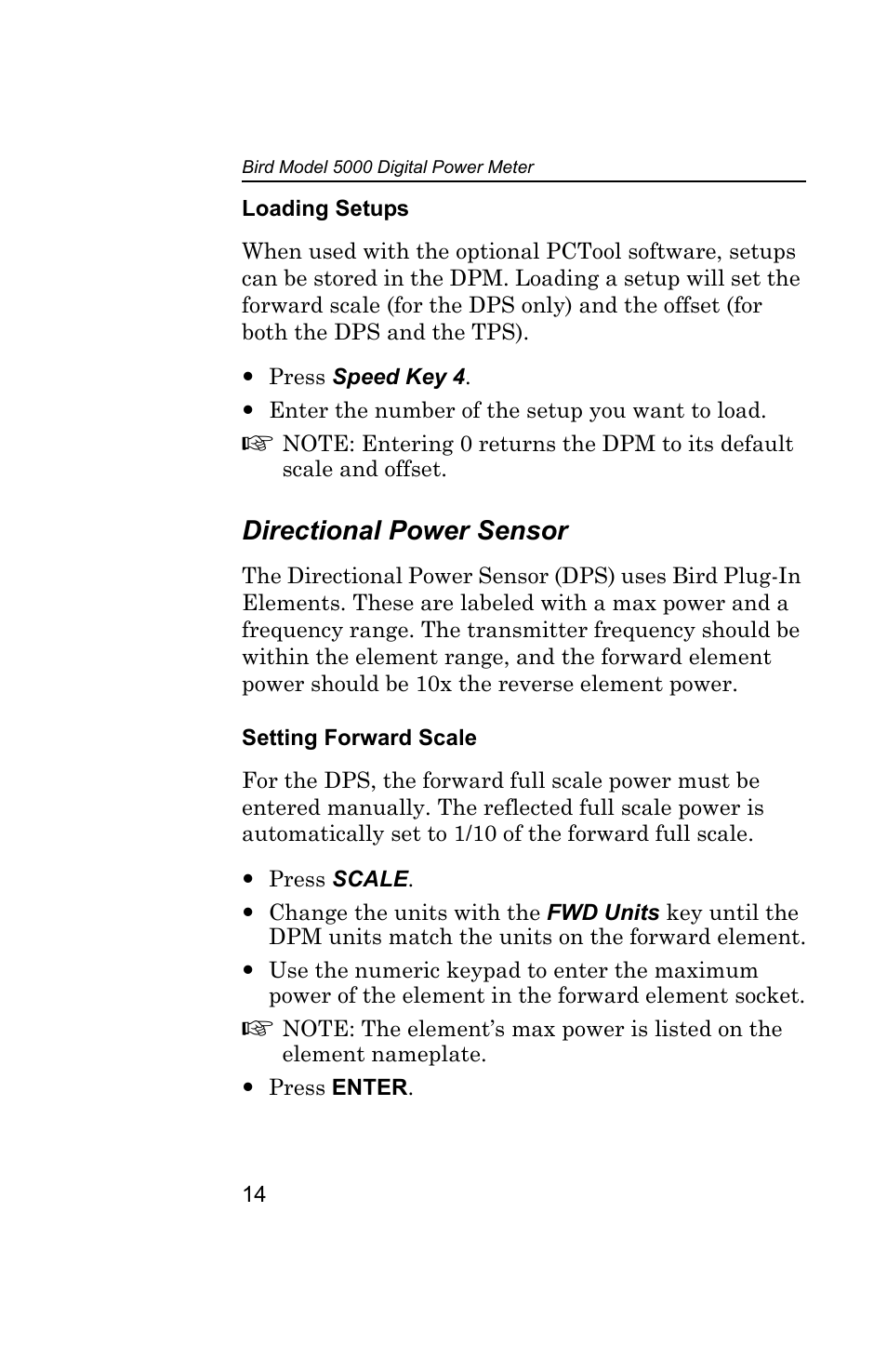Loading setups, Directional power sensor, Setting forward scale | Bird Technologies 5000 Series User Manual | Page 28 / 48