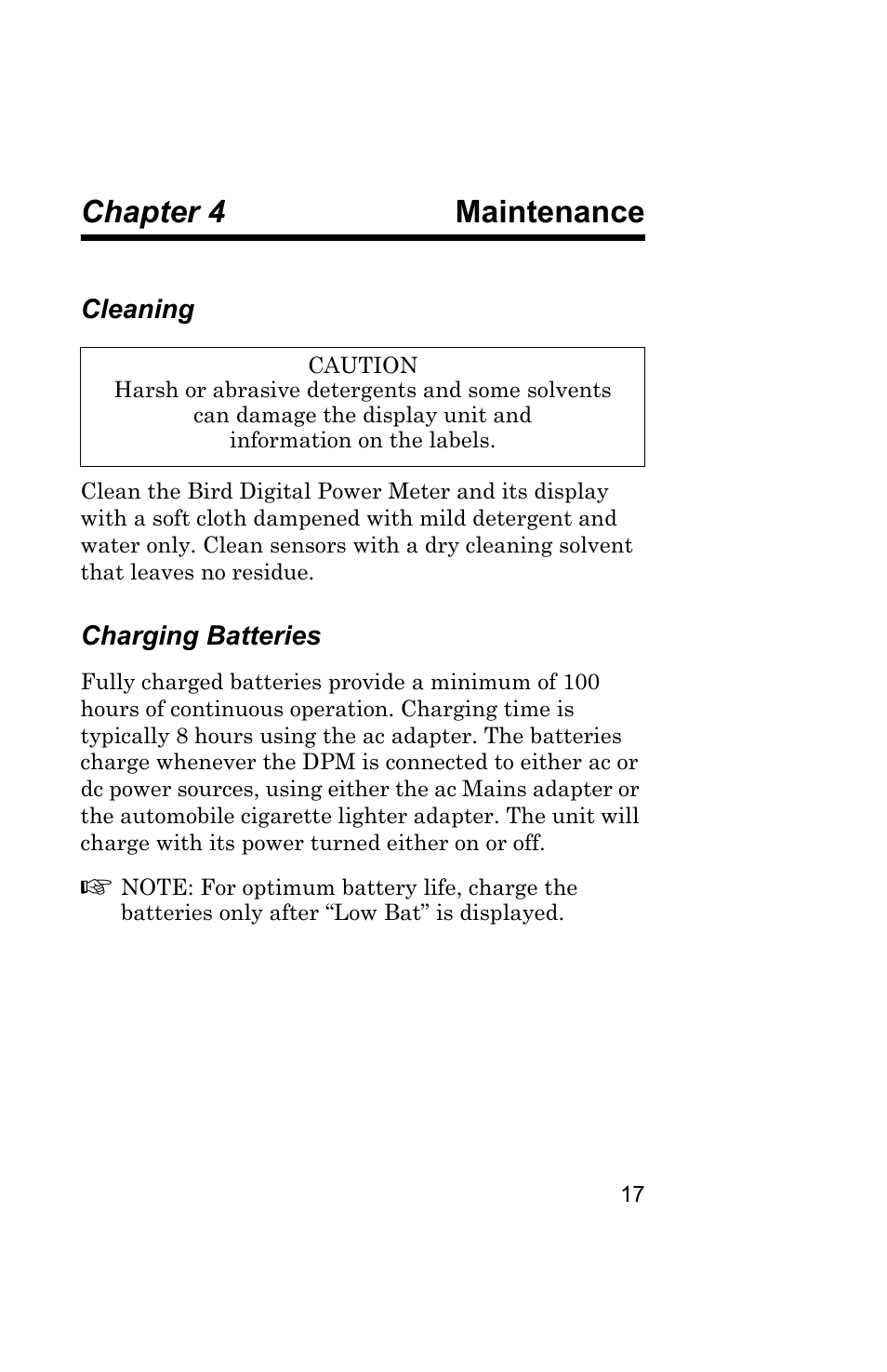 Chapter 4 maintenance, Cleaning, Charging batteries | Maintenance, Cleaning charging batteries | Bird Technologies 5000 Series User Manual | Page 31 / 48