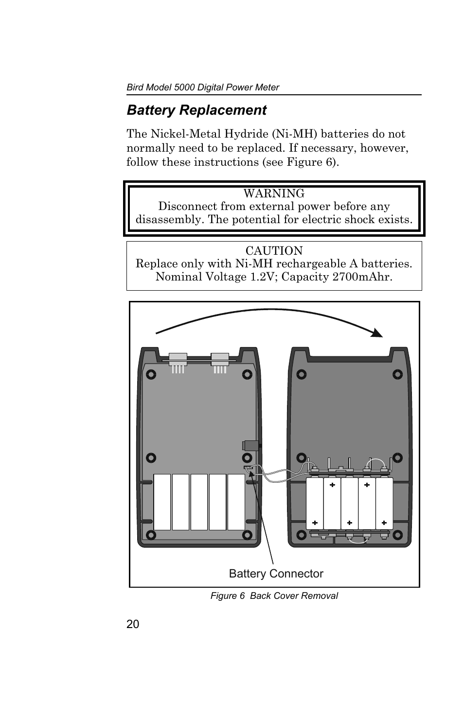 Battery replacement, Figure 6 back cover removal | Bird Technologies 5000 Series User Manual | Page 34 / 48