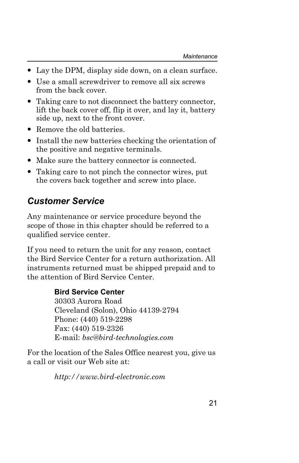 Customer service | Bird Technologies 5000 Series User Manual | Page 35 / 48