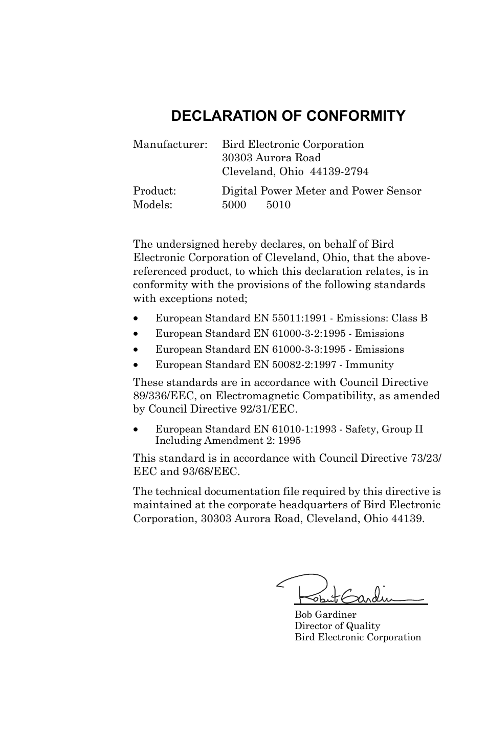 Declaration of conformity | Bird Technologies 5000 Series User Manual | Page 44 / 48
