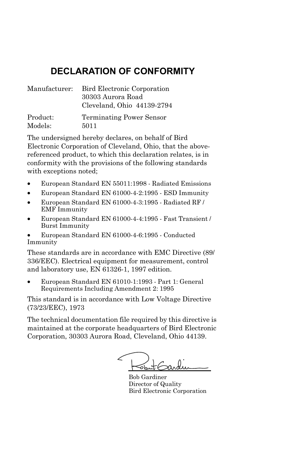Declaration of conformity | Bird Technologies 5000 Series User Manual | Page 45 / 48