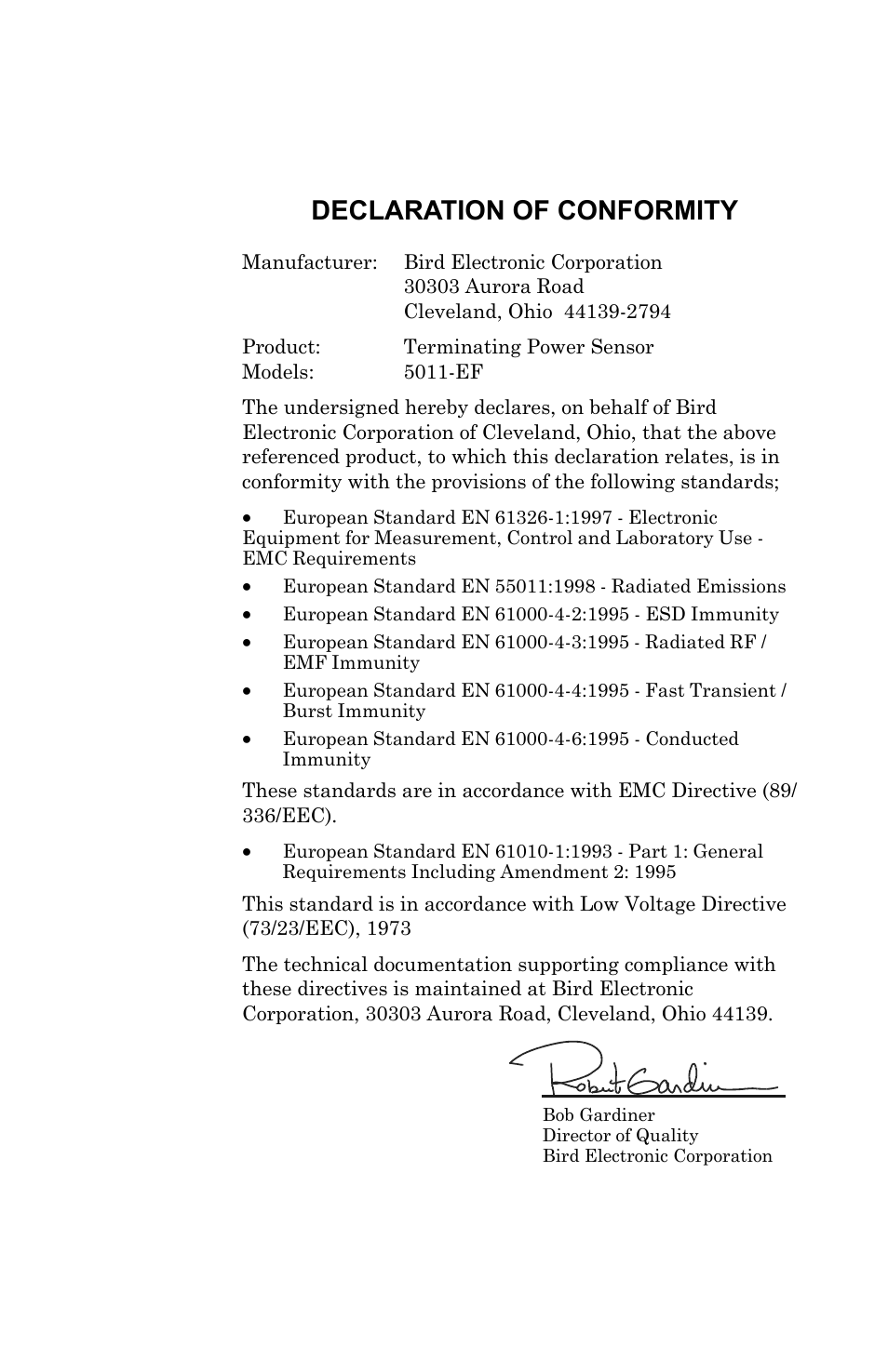 Declaration of conformity | Bird Technologies 5000 Series User Manual | Page 46 / 48