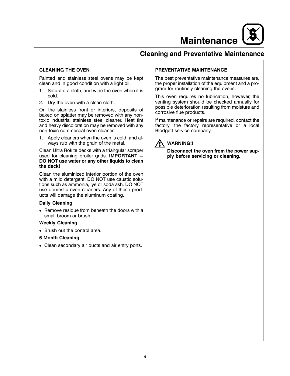 Maintenance, Cleaning and preventative maintenance | Blodgett 1200 SERIES User Manual | Page 13 / 16