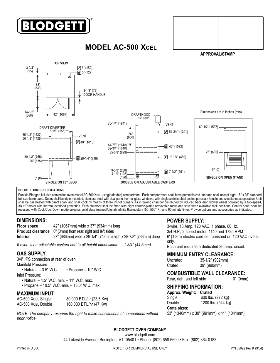 Model ac-500 x | Blodgett AC-500 XCEL User Manual | Page 2 / 2