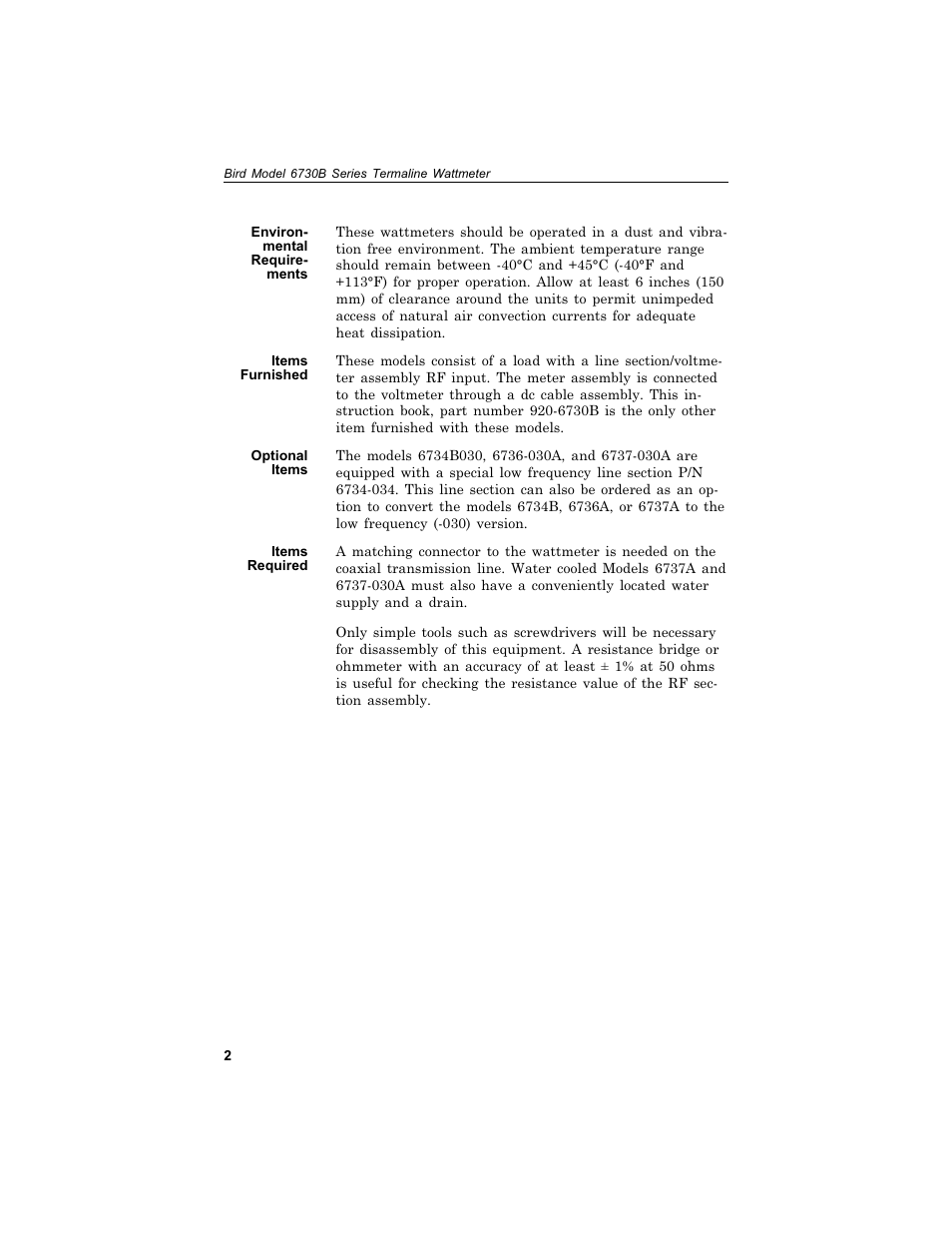 En vi ronmen tal re quirements 2, Items fur nished 2, Op tional items 2 | Items re quired 2, Environmental requirements, Items furnished, Optional items, Items required | Bird Technologies 6730B Series User Manual | Page 10 / 35