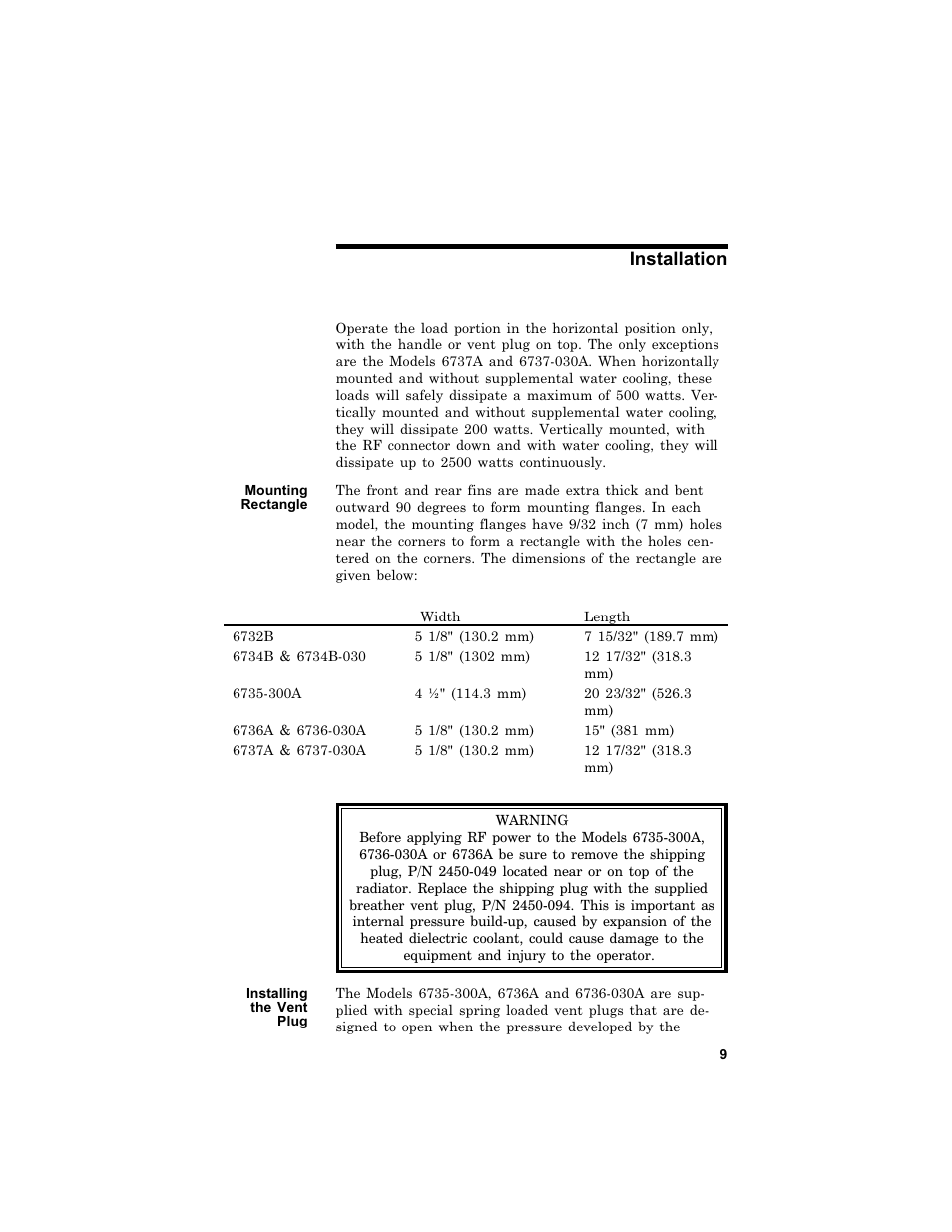 In stal la tion 9, Mount ing rect an gle 9, In stalling the vent plug 9 | Installation, Mounting rectangle, Installing the vent plug | Bird Technologies 6730B Series User Manual | Page 17 / 35