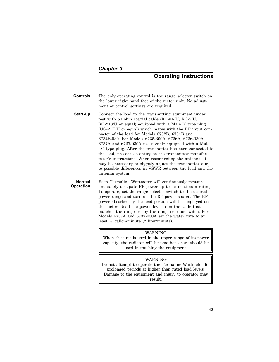 Op er ating in struc tions 13, Con trols 13, Start-up 13 | Nor mal op er a tion 13, Operating instructions, Controls, Start-up, Normal operation | Bird Technologies 6730B Series User Manual | Page 21 / 35