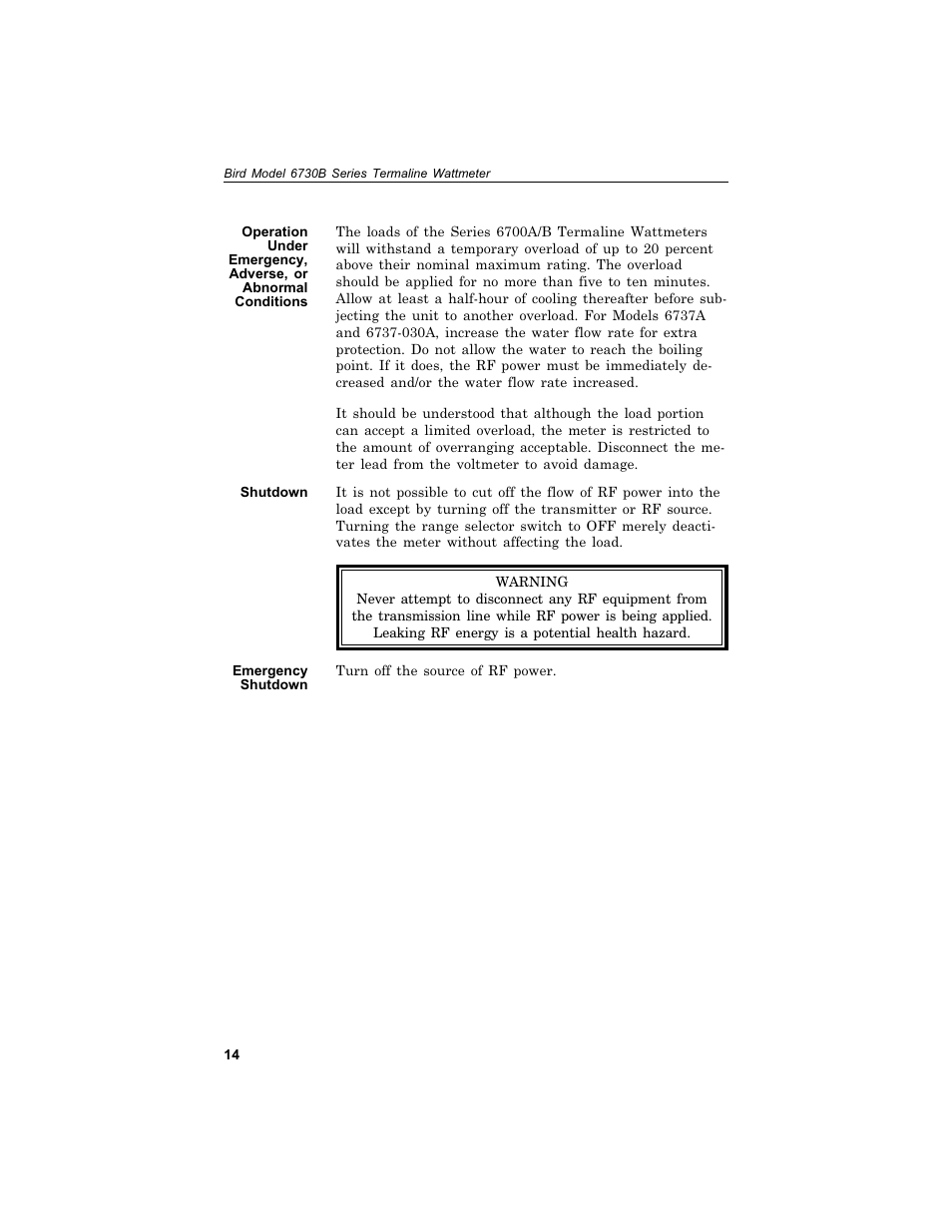 Shut down 14, Emer gency shut down 14, Shutdown | Emergency shutdown | Bird Technologies 6730B Series User Manual | Page 22 / 35