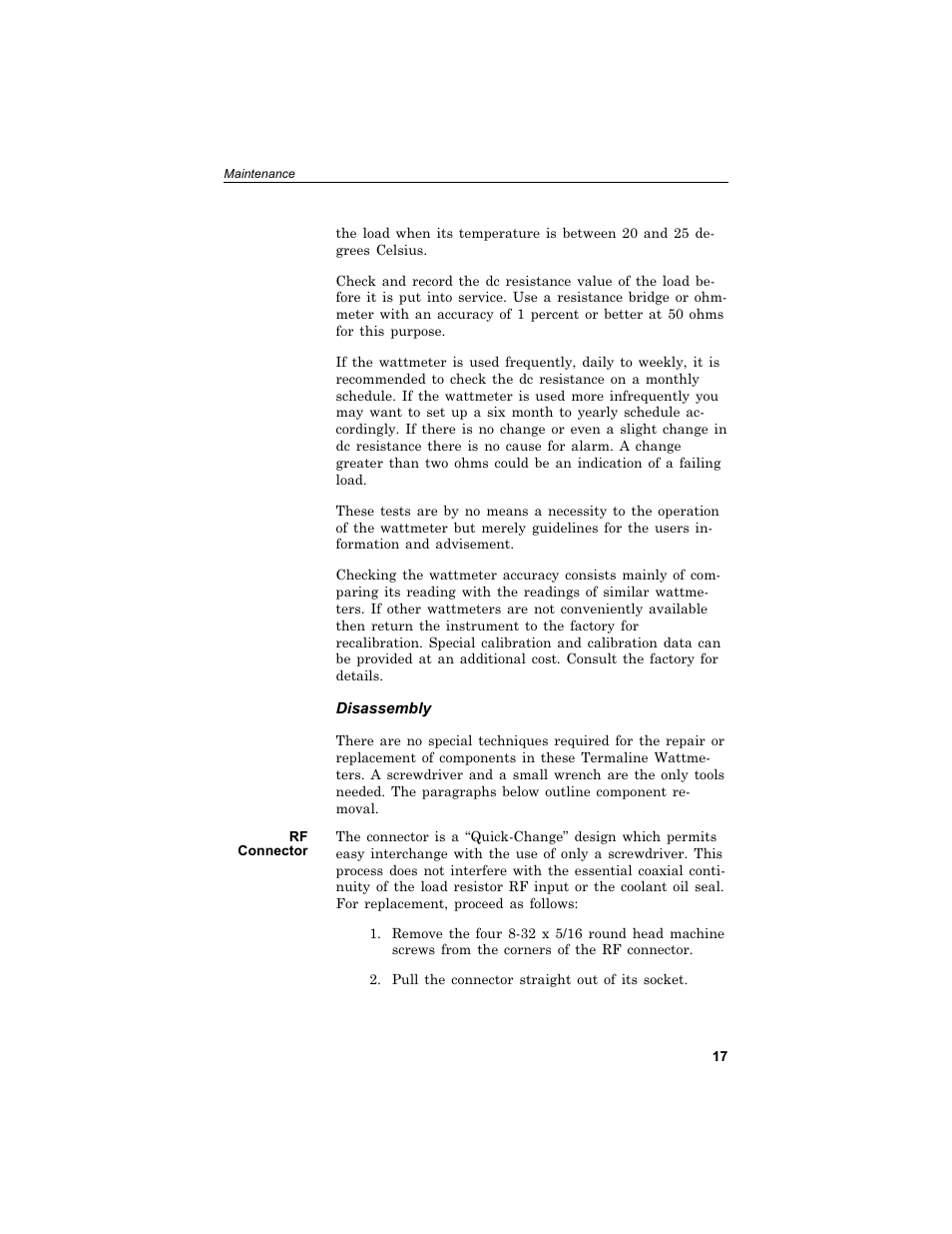 Dis as sem bly 17, Rf con nec tor 17, Disassembly | Rf connector | Bird Technologies 6730B Series User Manual | Page 25 / 35