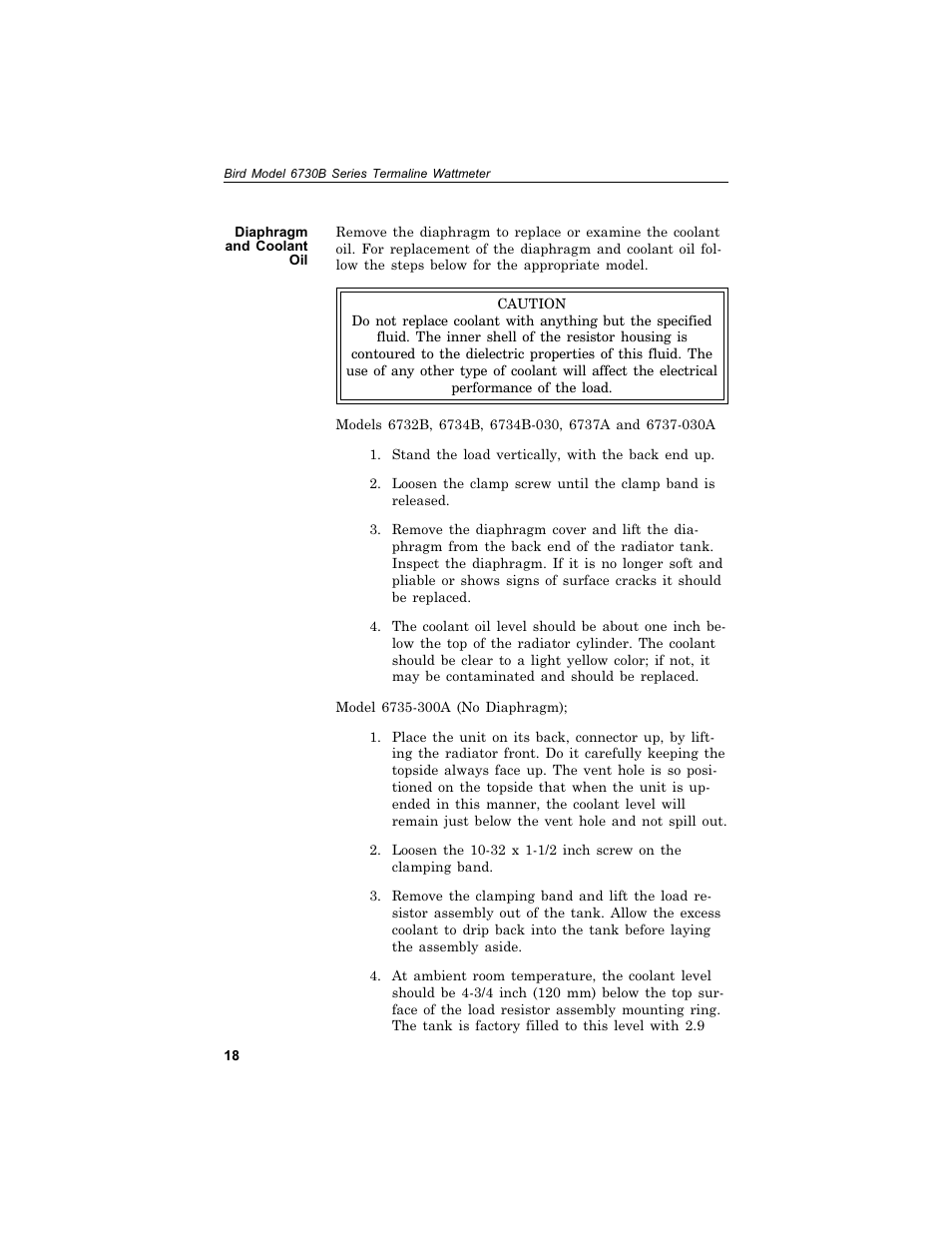 Di a phragm and cool ant oil 18, Diaphragm and coolant oil | Bird Technologies 6730B Series User Manual | Page 26 / 35