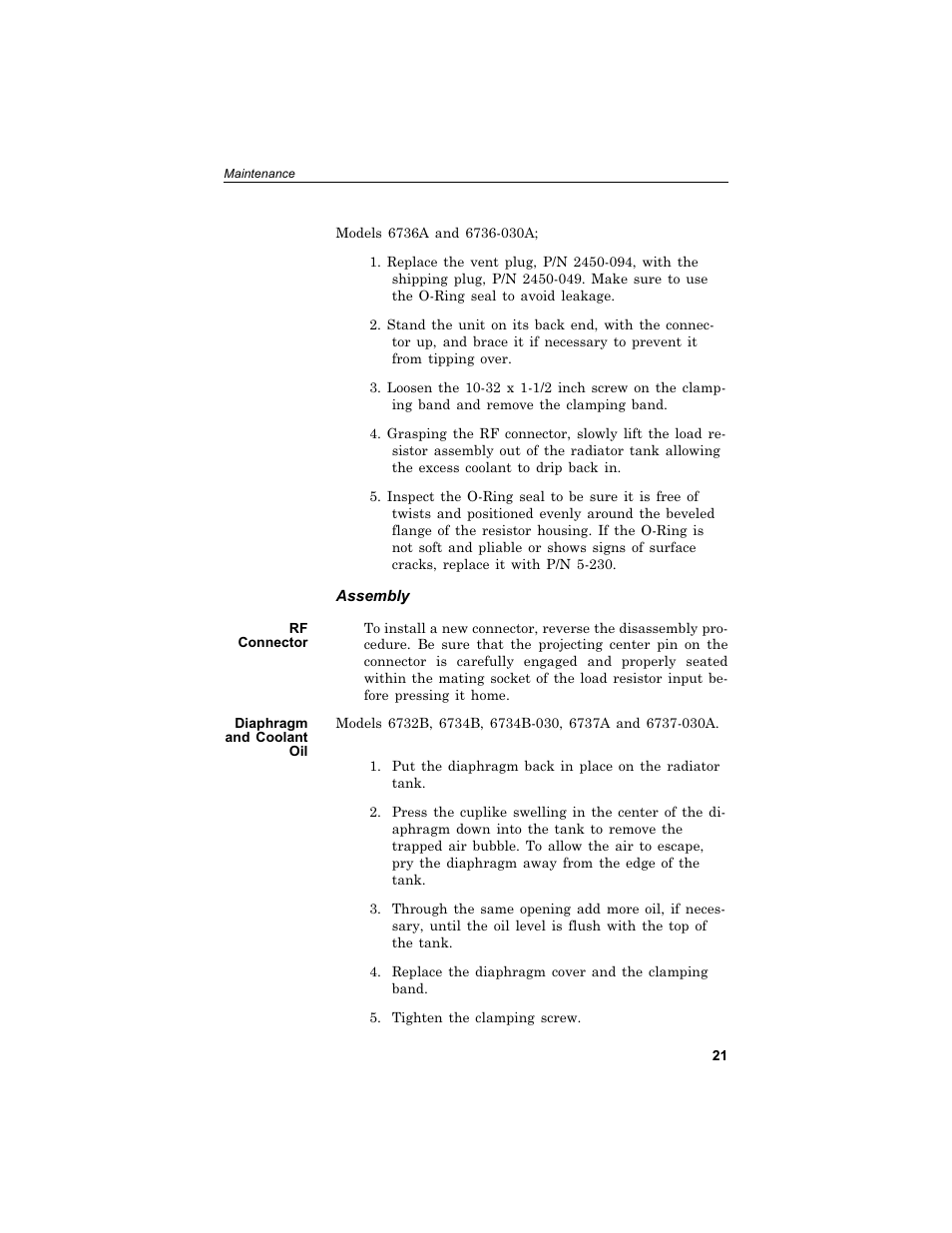 As sem bly 21, Rf con nec tor 21, Di a phragm and cool ant oil 21 | Assembly, Rf connector, Diaphragm and coolant oil | Bird Technologies 6730B Series User Manual | Page 29 / 35
