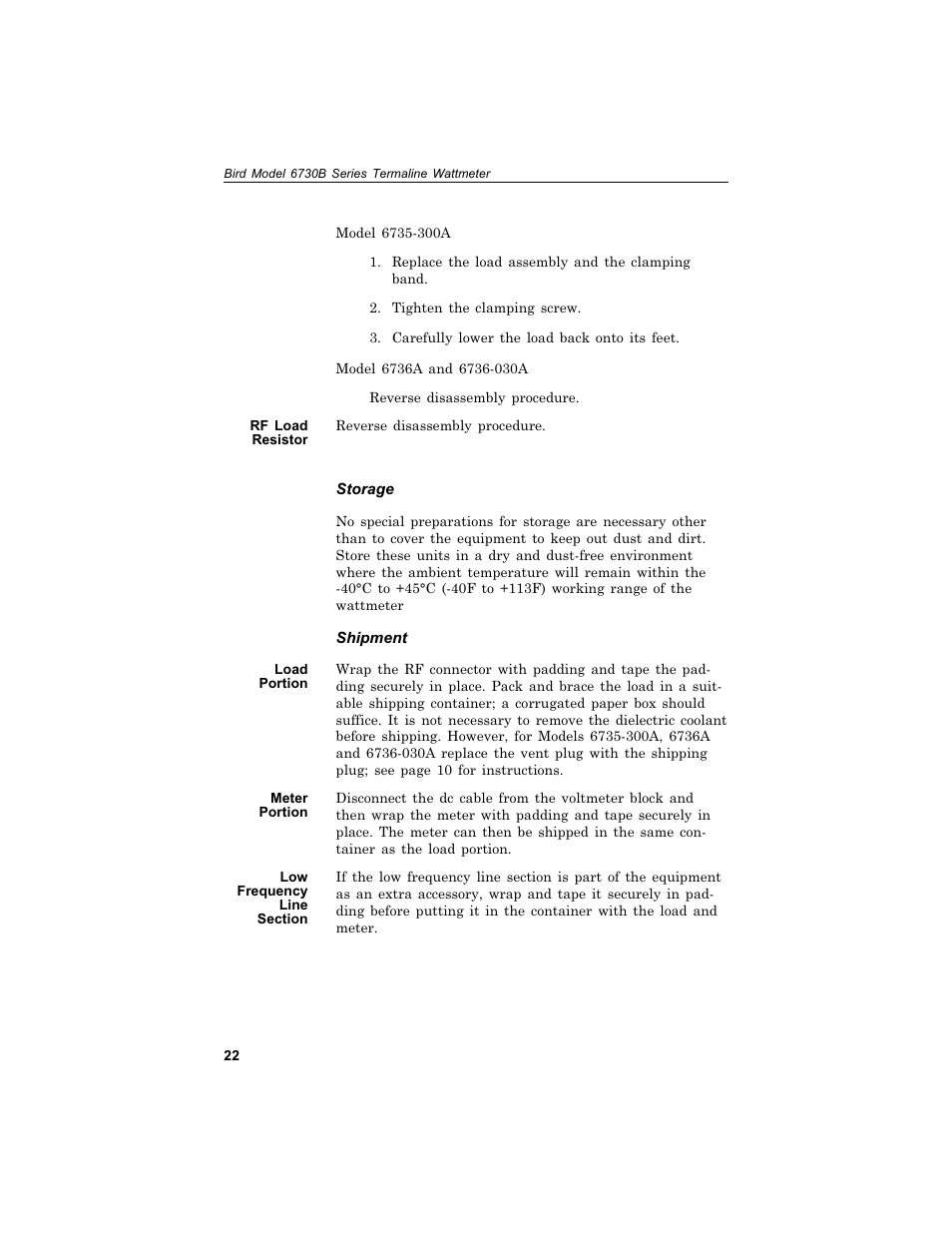 Rf load re sis tor 22, Stor age 22, Ship ment 22 | Load por tion 22, Me ter por tion 22, Low fre quency line sec tion 22, Rf load resistor, Storage, Shipment, Load portion | Bird Technologies 6730B Series User Manual | Page 30 / 35