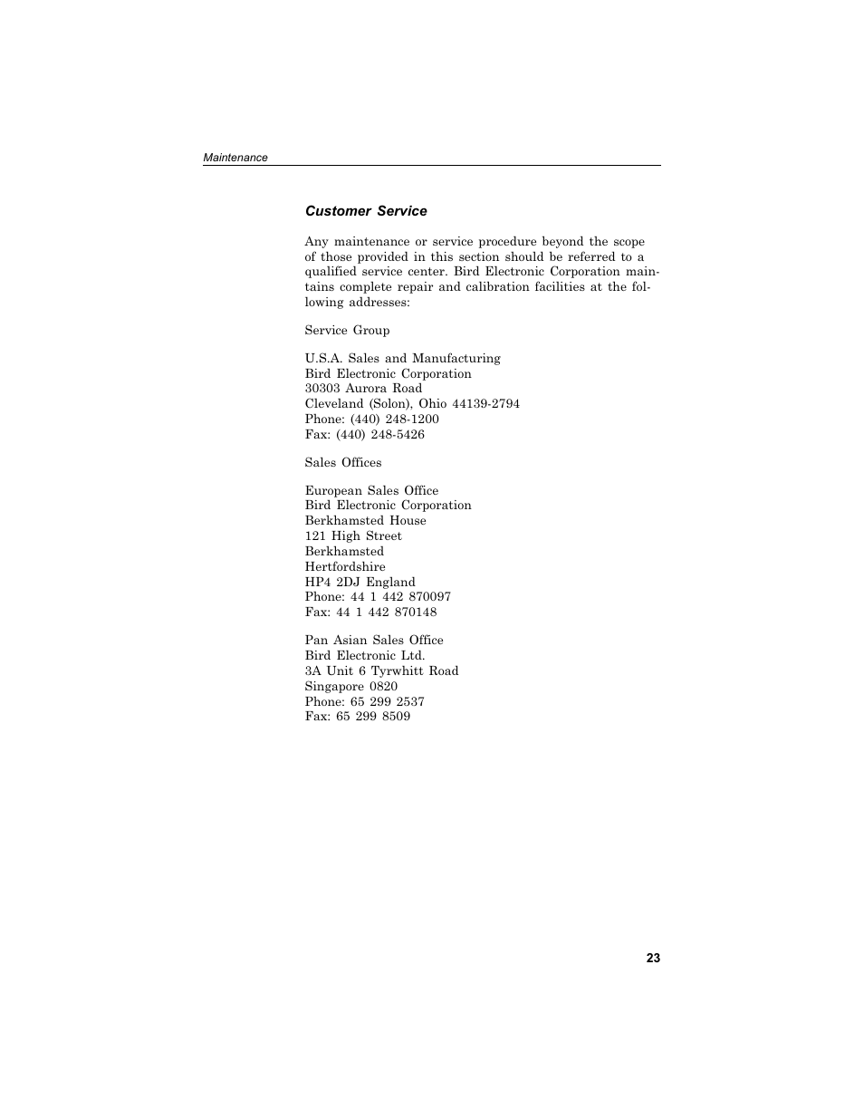 Cus tomer ser vice 23, Customer service | Bird Technologies 6730B Series User Manual | Page 31 / 35