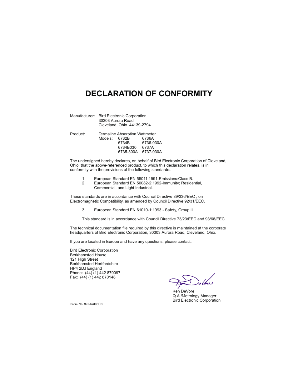 Declaration of conformity | Bird Technologies 6730B Series User Manual | Page 35 / 35