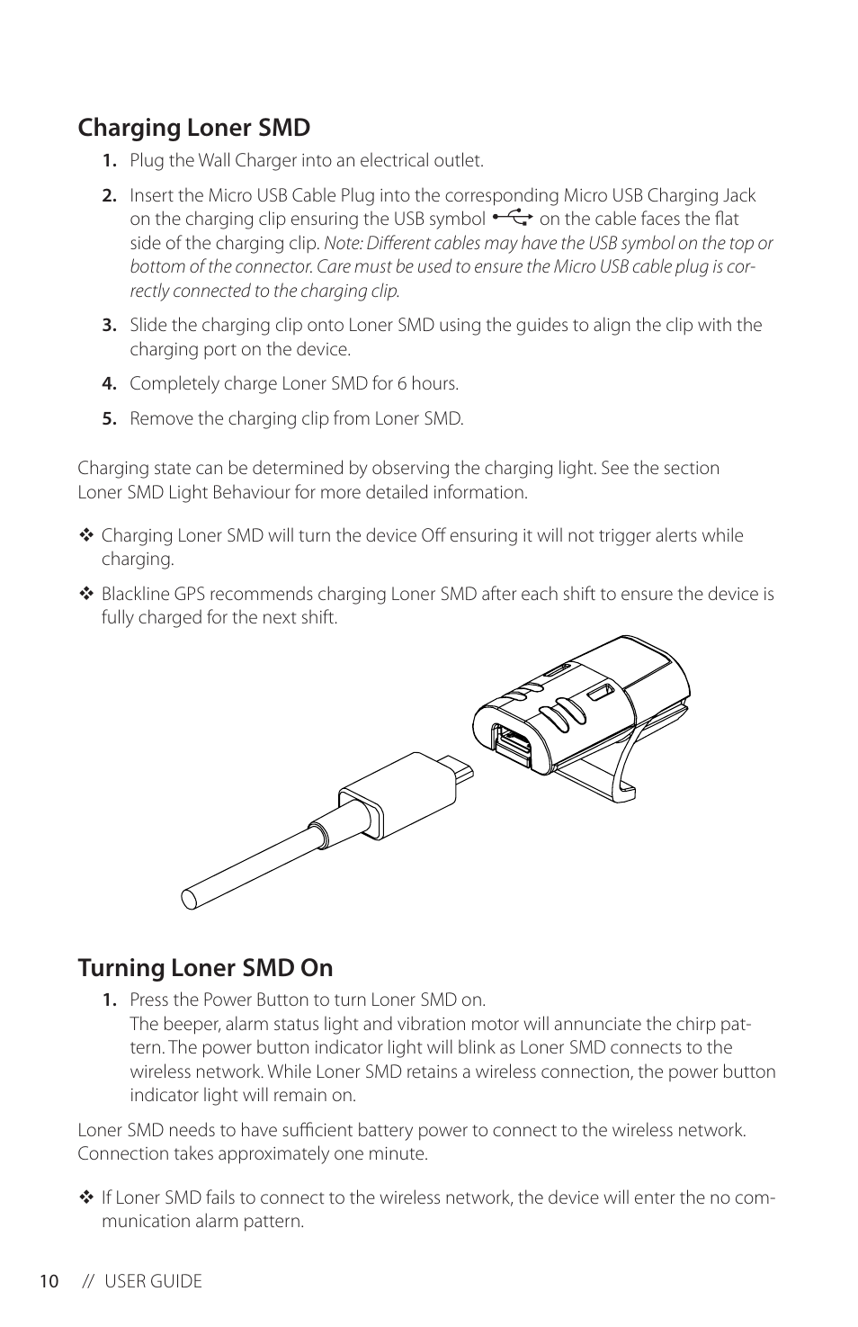 Charging loner smd, Turning loner smd on | Blackline GPS Loner SMD User Manual | Page 12 / 24