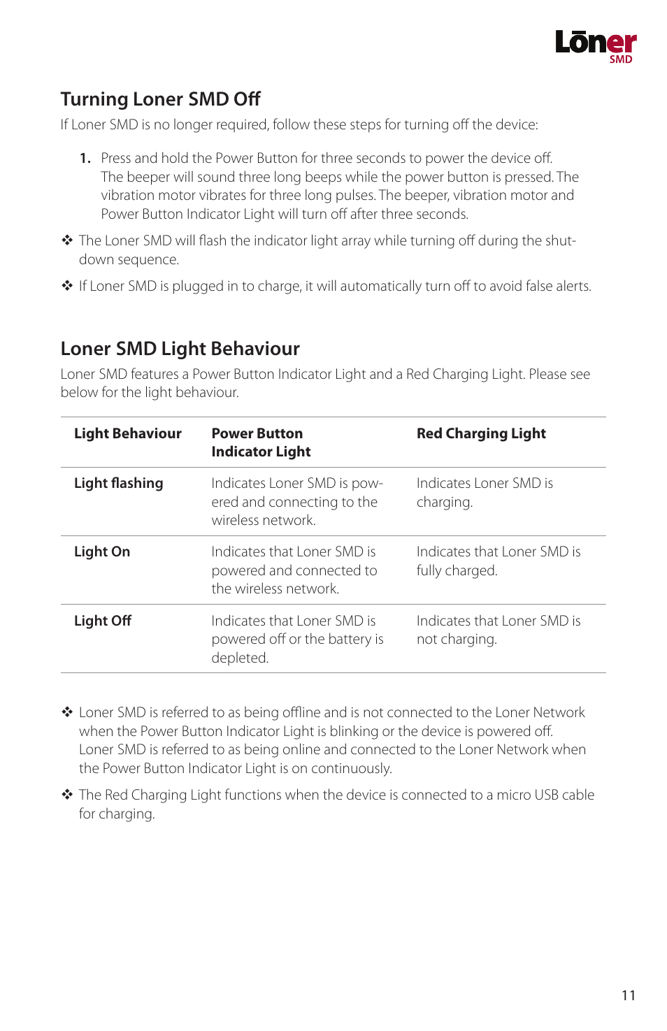 Turning loner smd off, Loner smd light behaviour | Blackline GPS Loner SMD User Manual | Page 13 / 24
