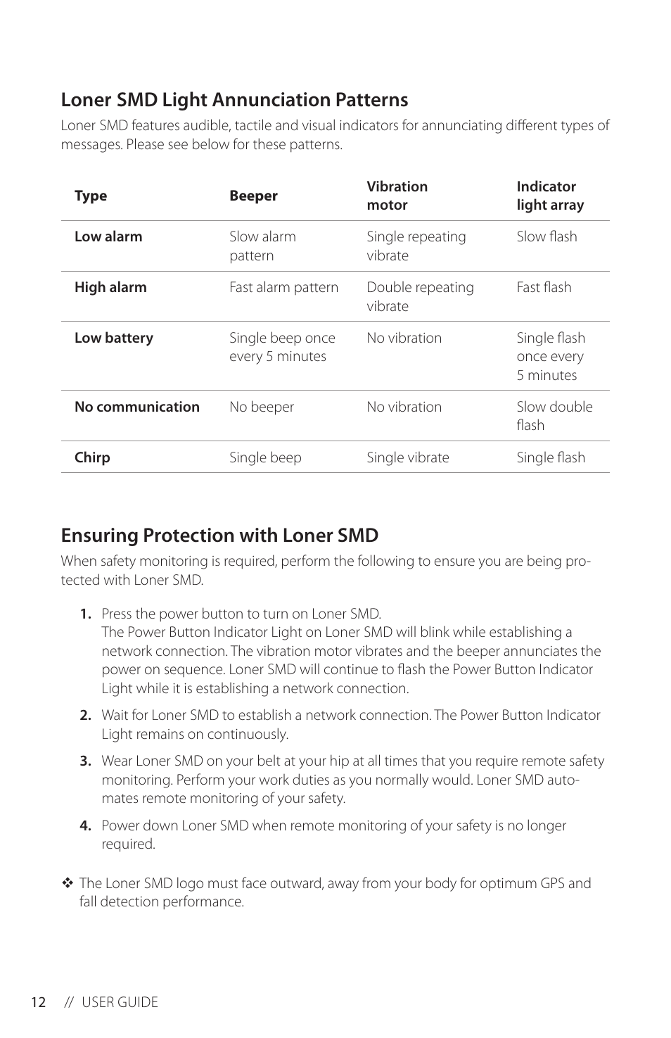 Loner smd light annunciation patterns, Ensuring protection with loner smd | Blackline GPS Loner SMD User Manual | Page 14 / 24