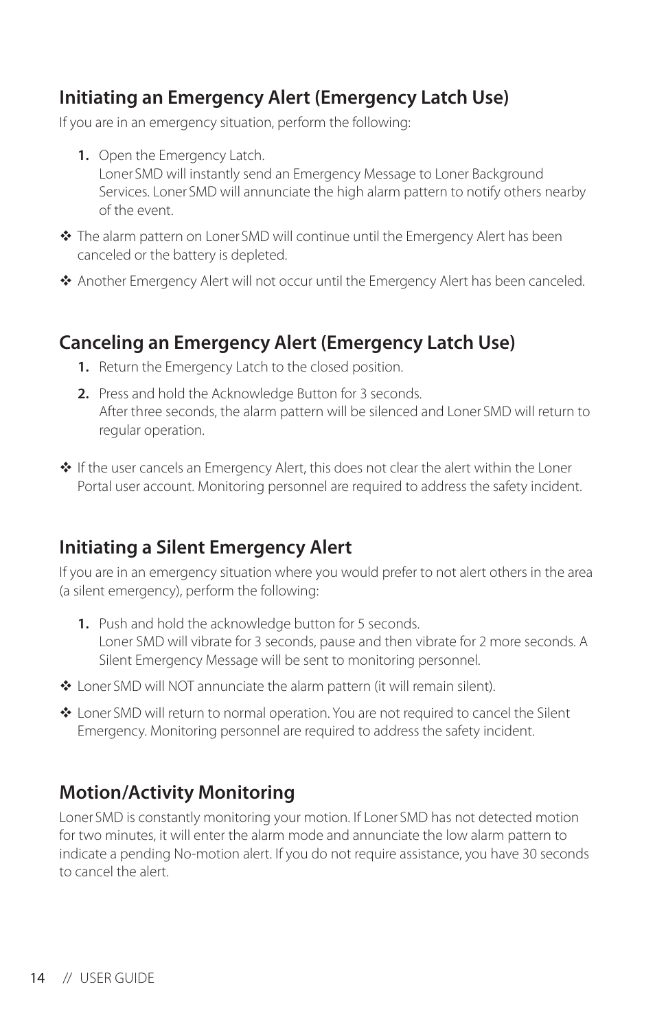 Canceling an emergency alert (emergency latch use), Initiating a silent emergency alert, Motion/activity monitoring | Blackline GPS Loner SMD User Manual | Page 16 / 24