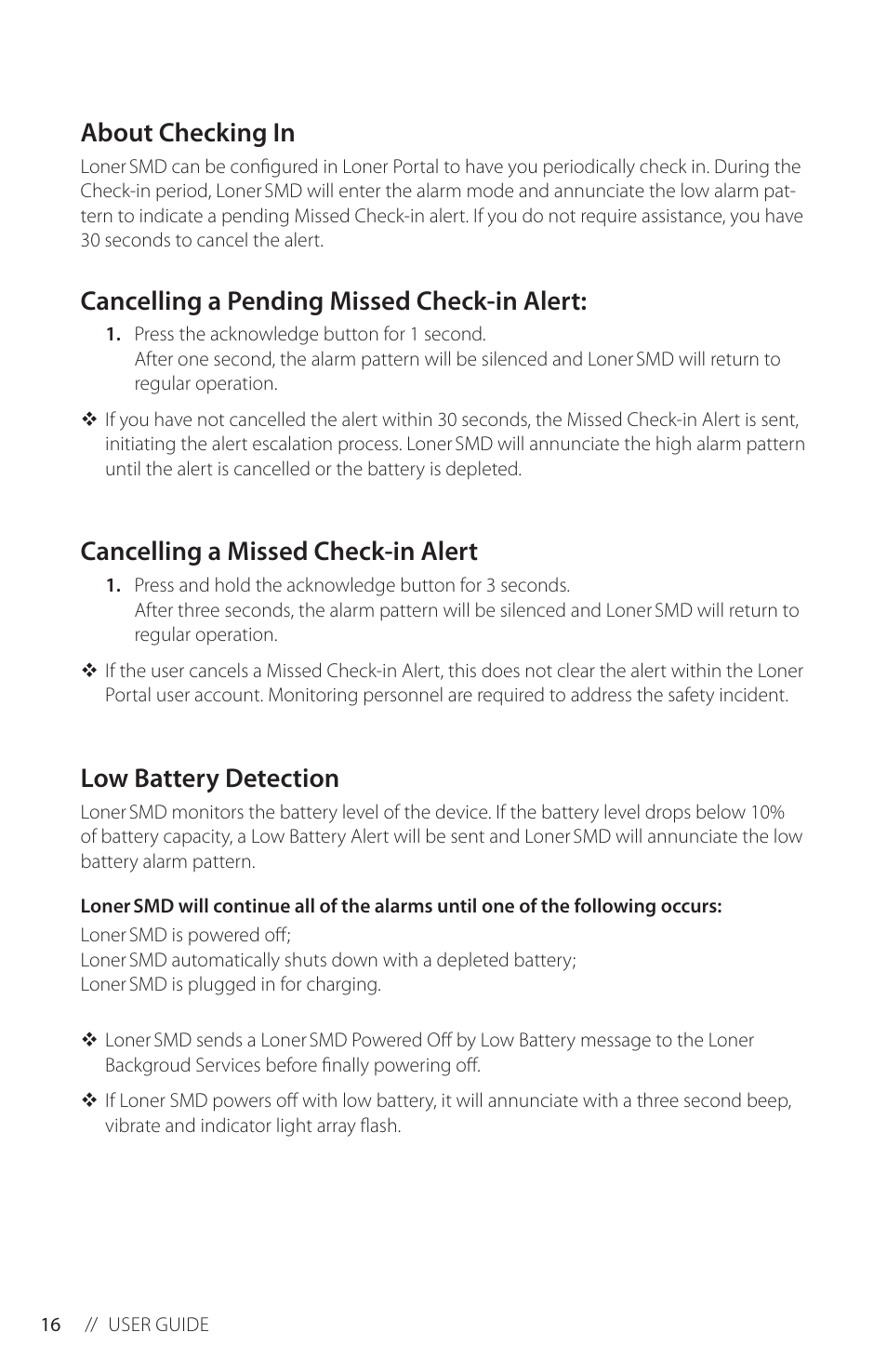 About checking in, Cancelling a pending missed check-in alert, Cancelling a missed check-in alert | Low battery detection | Blackline GPS Loner SMD User Manual | Page 18 / 24