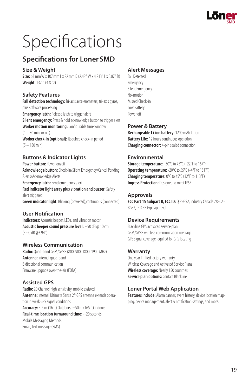 Specifications, Specifications for loner smd | Blackline GPS Loner SMD User Manual | Page 21 / 24