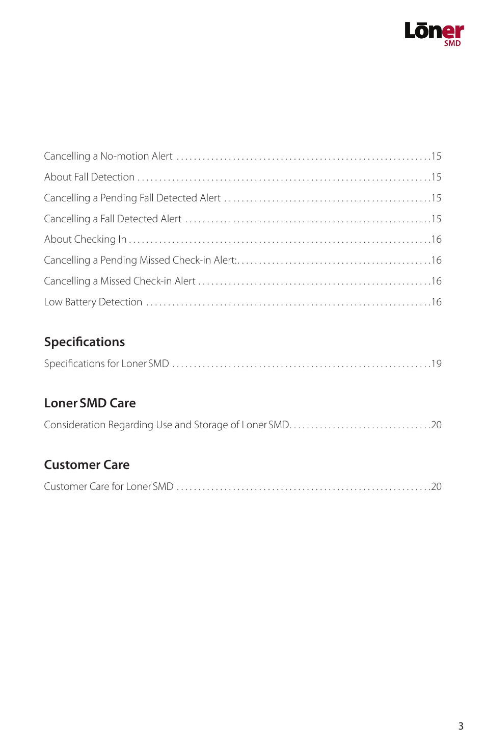 Specifications, Loner smd care, Customer care | Blackline GPS Loner SMD User Manual | Page 5 / 24