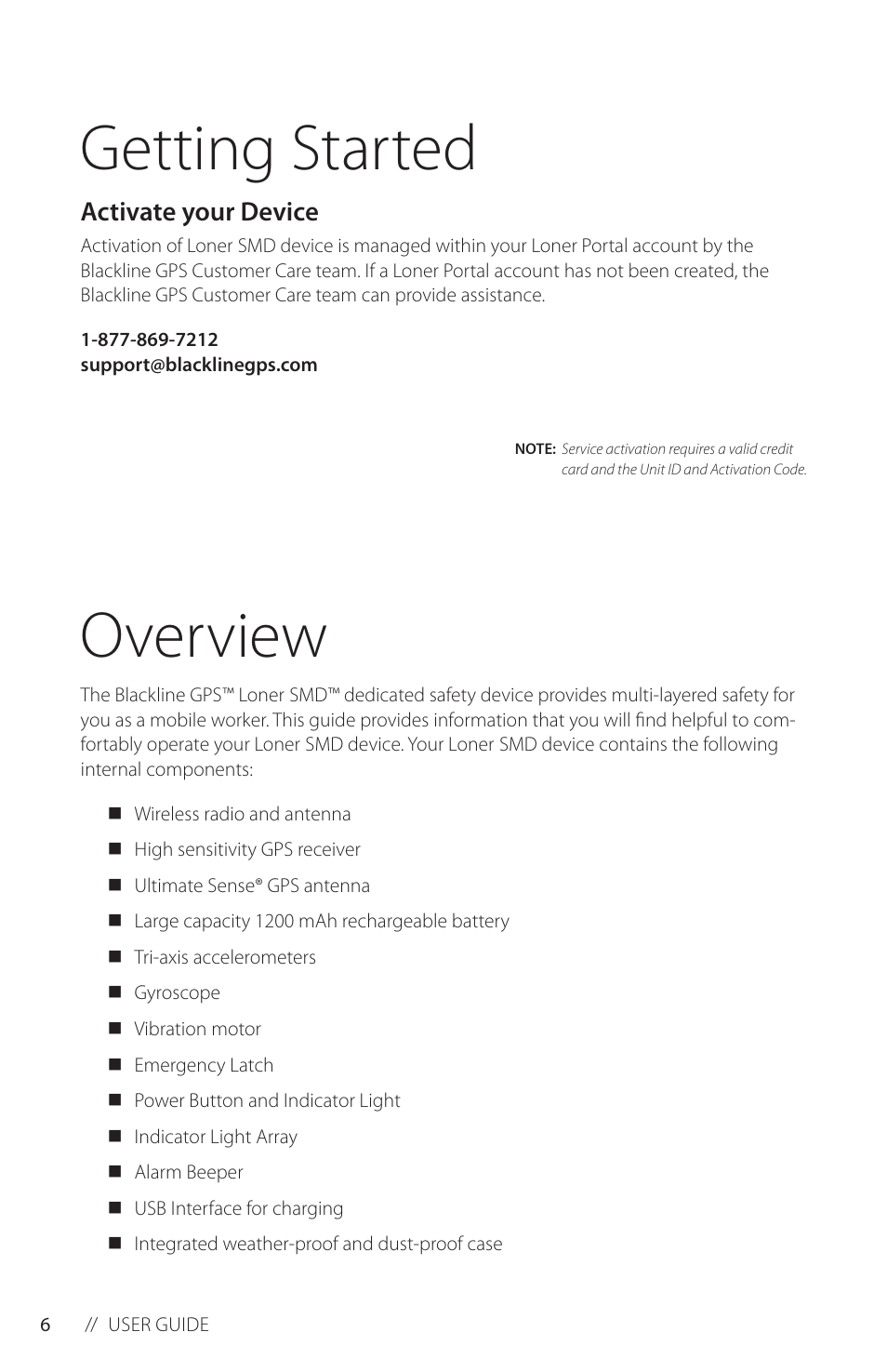 Overview, Getting started, Activate your device | Blackline GPS Loner SMD User Manual | Page 8 / 24