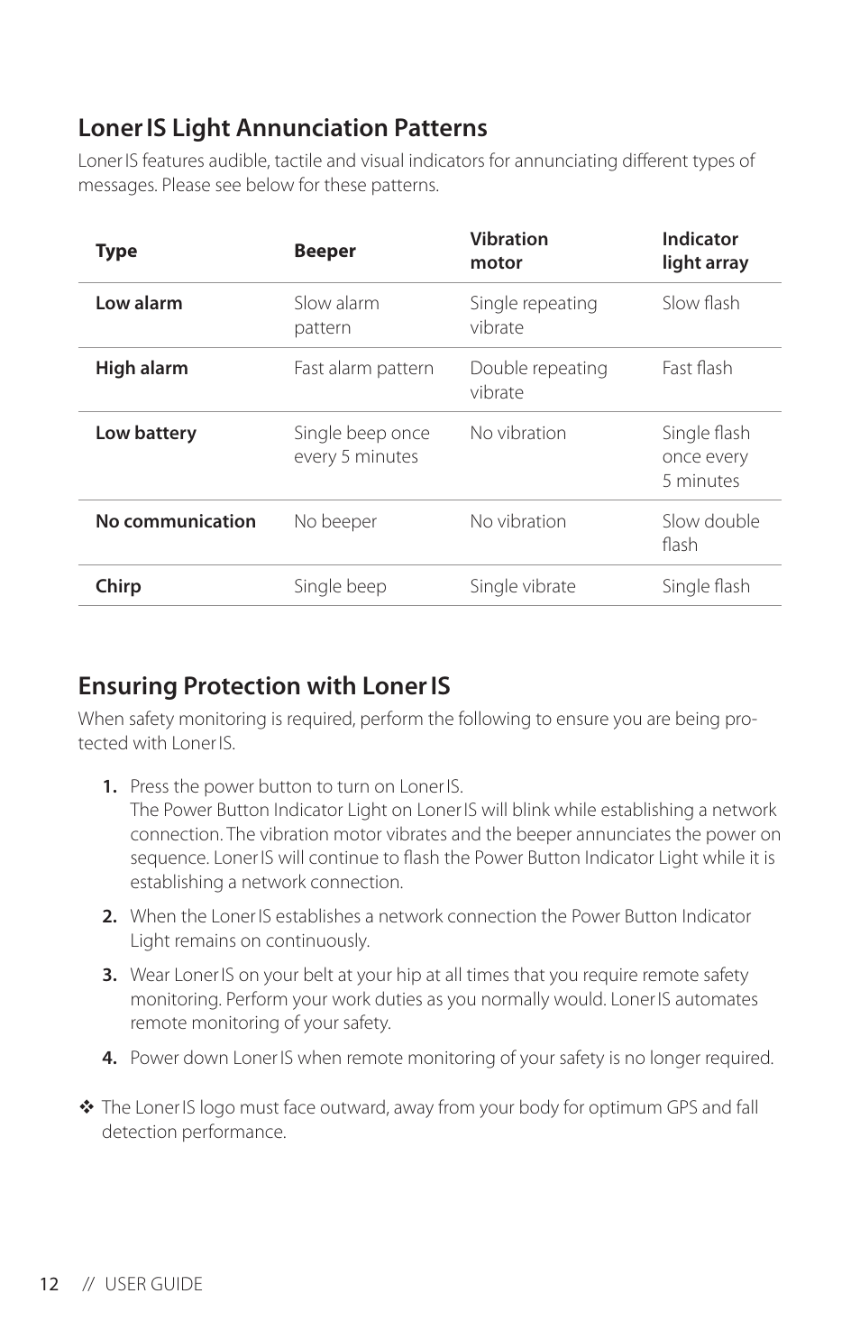 Loner is light annunciation patterns, Ensuring protection with loner is | Blackline GPS Loner IS User Manual | Page 14 / 24