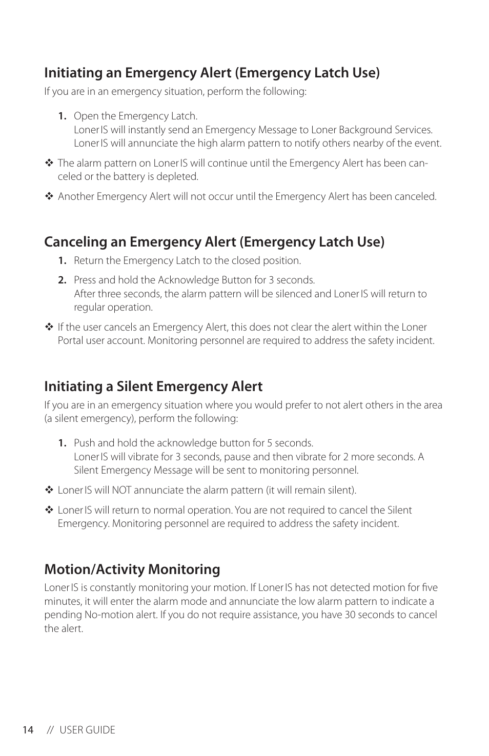 Canceling an emergency alert (emergency latch use), Initiating a silent emergency alert, Motion/activity monitoring | Blackline GPS Loner IS User Manual | Page 16 / 24