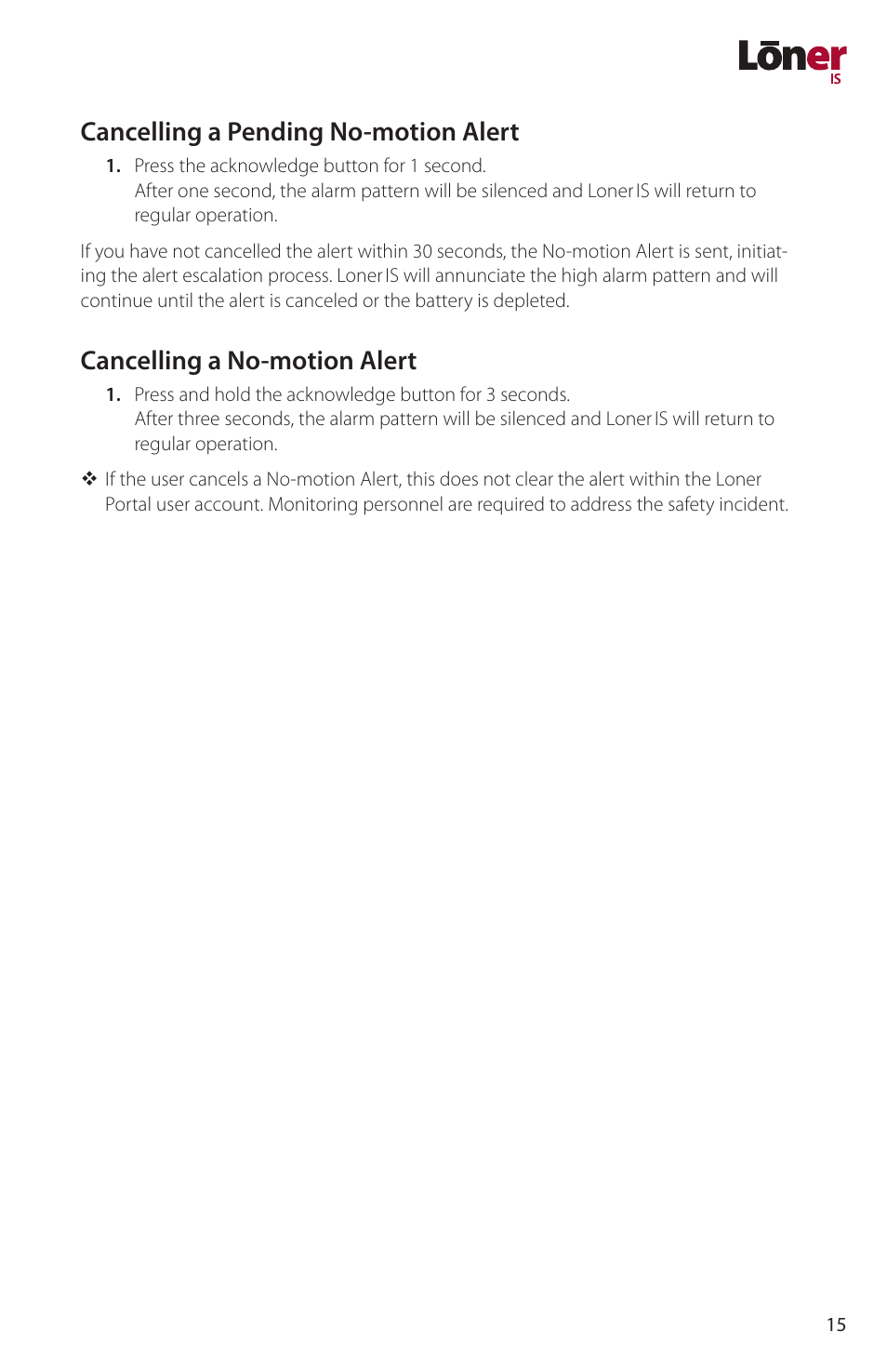 Cancelling a pending no-motion alert, Cancelling a no-motion alert | Blackline GPS Loner IS User Manual | Page 17 / 24