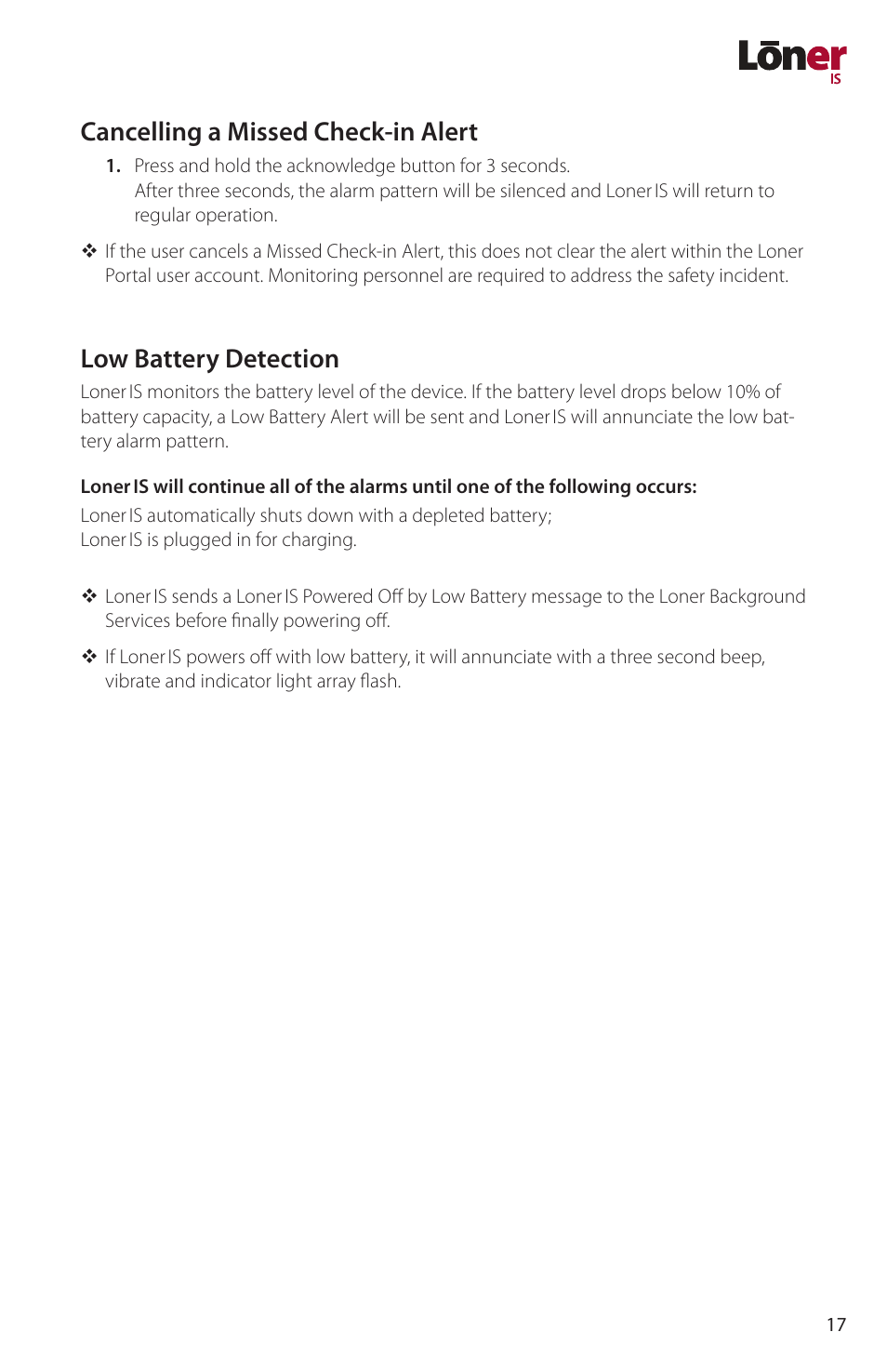 Cancelling a missed check-in alert, Low battery detection | Blackline GPS Loner IS User Manual | Page 19 / 24