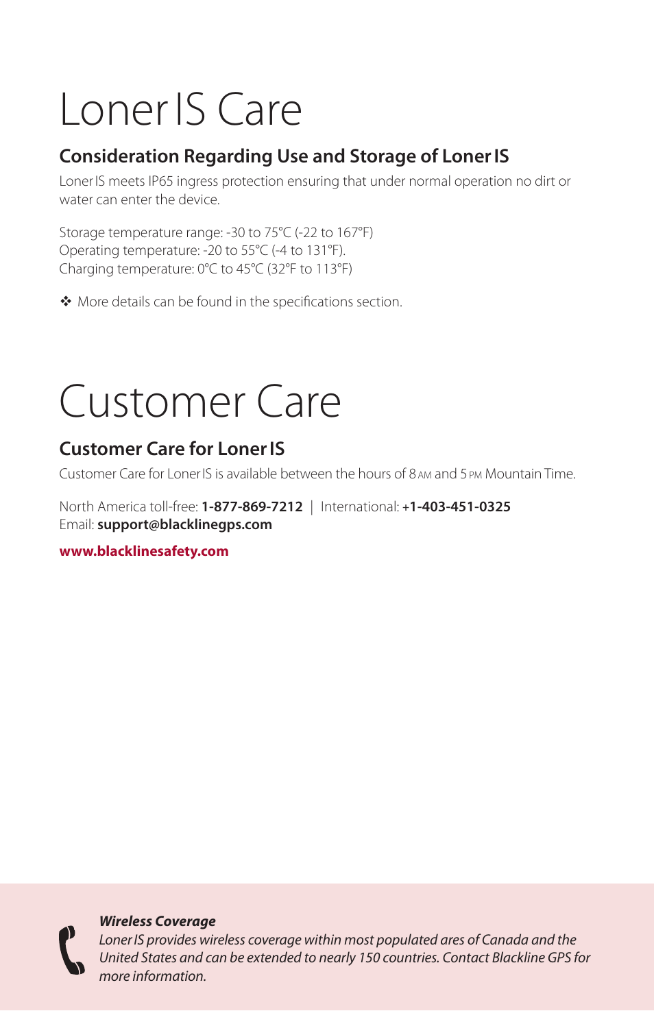 Loner is care, Customer care, Customer care for loner is | Blackline GPS Loner IS User Manual | Page 22 / 24