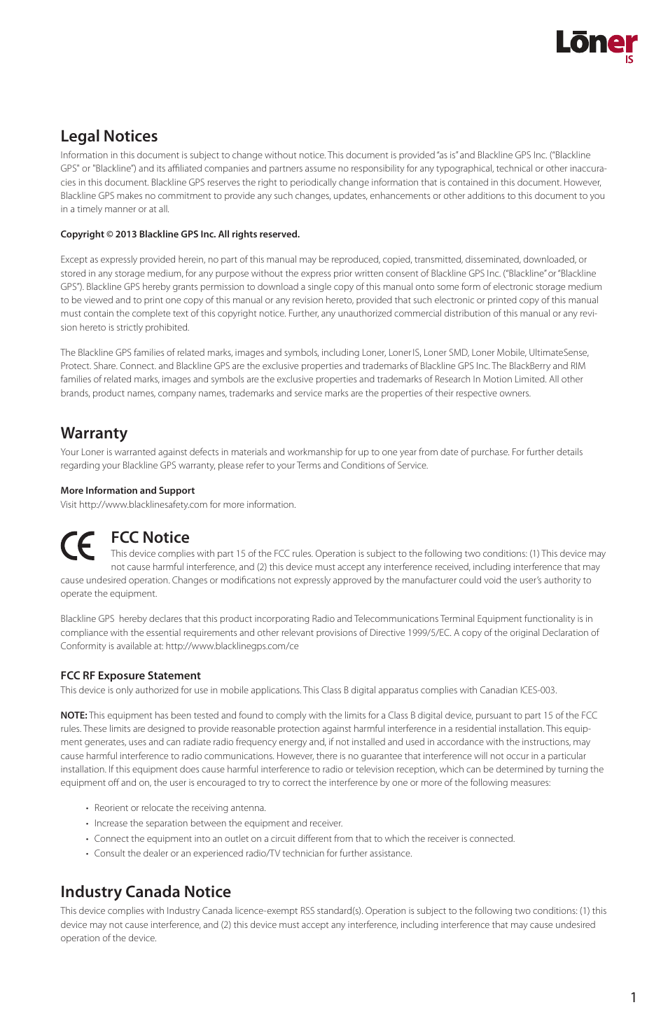 Legal notices, Warranty, Fcc notice | Industry canada notice | Blackline GPS Loner IS User Manual | Page 3 / 24