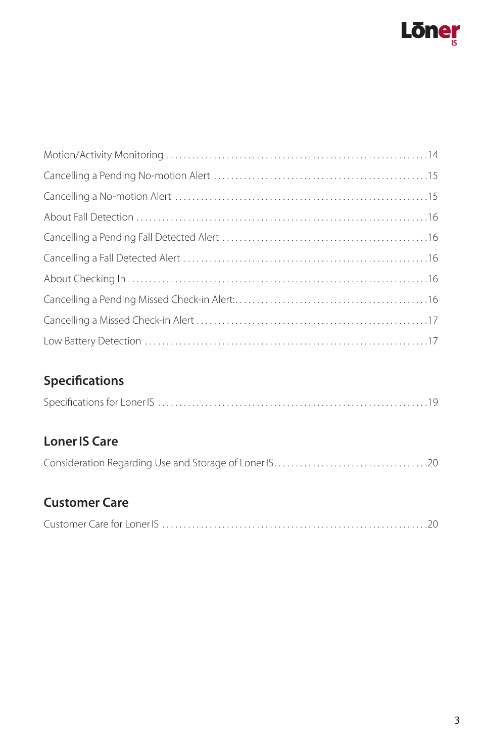Specifications, Loner is care, Customer care | Blackline GPS Loner IS User Manual | Page 5 / 24