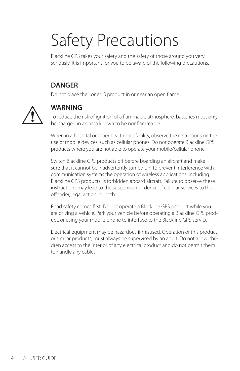 Safety precautions, Danger, Warning | Blackline GPS Loner IS User Manual | Page 6 / 24