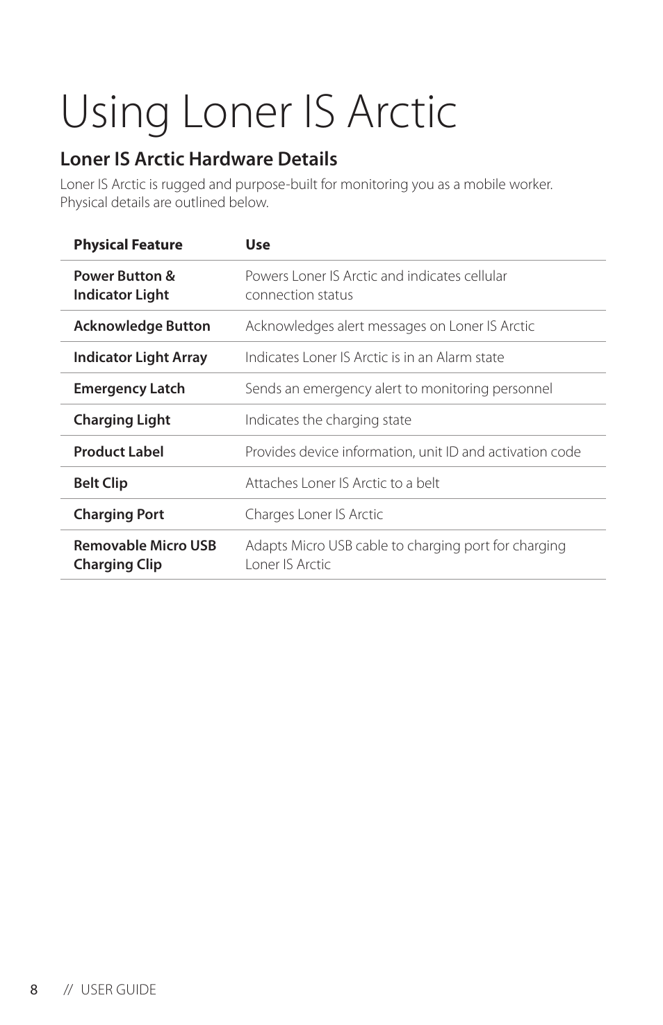 Using loner is, Loner is hardware details, Using loner is arctic | Loner is arctic hardware details | Blackline GPS Loner IS Arctic User Manual | Page 10 / 24