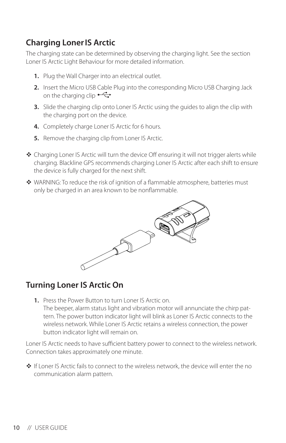 Charging loner is, Charging loner is arctic, Turning loner is arctic on | Blackline GPS Loner IS Arctic User Manual | Page 12 / 24