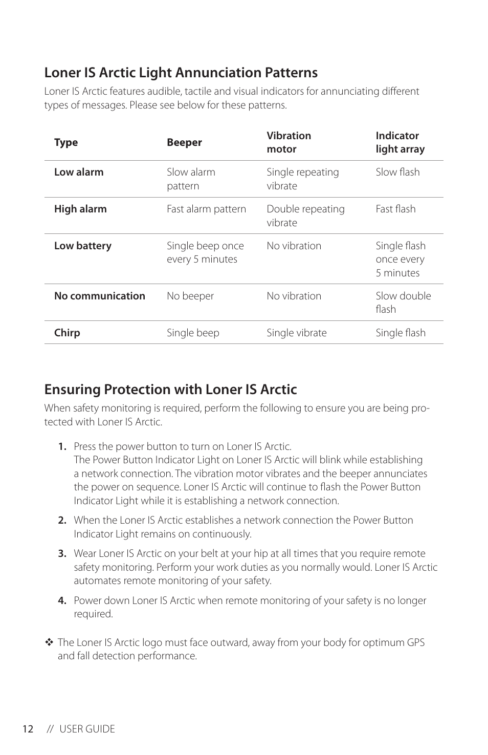 Loner is light annunciation patterns, Ensuring protection with loner is, Loner is arctic light annunciation patterns | Ensuring protection with loner is arctic | Blackline GPS Loner IS Arctic User Manual | Page 14 / 24